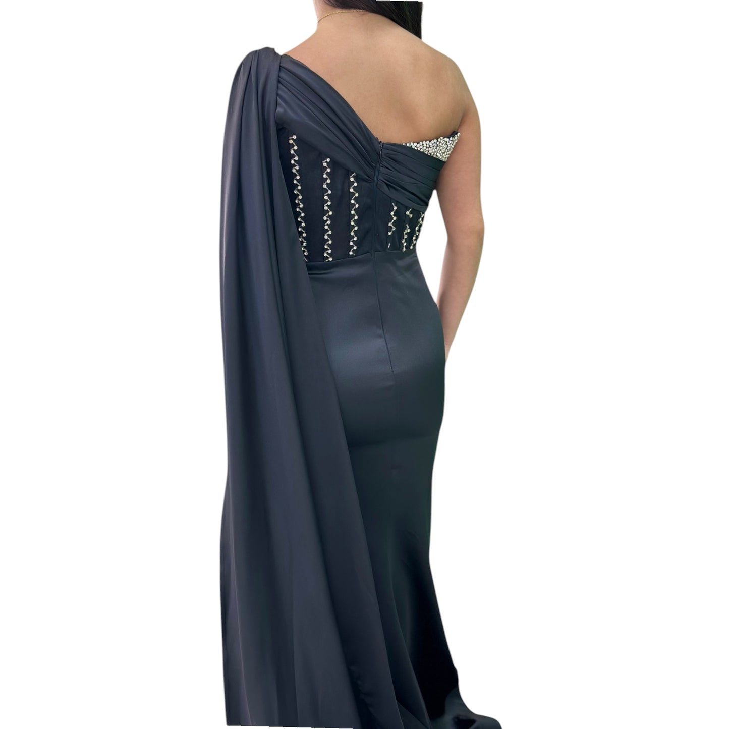 Sexy Black Long Dress- Detailed with Beautiful Satin with Crystals