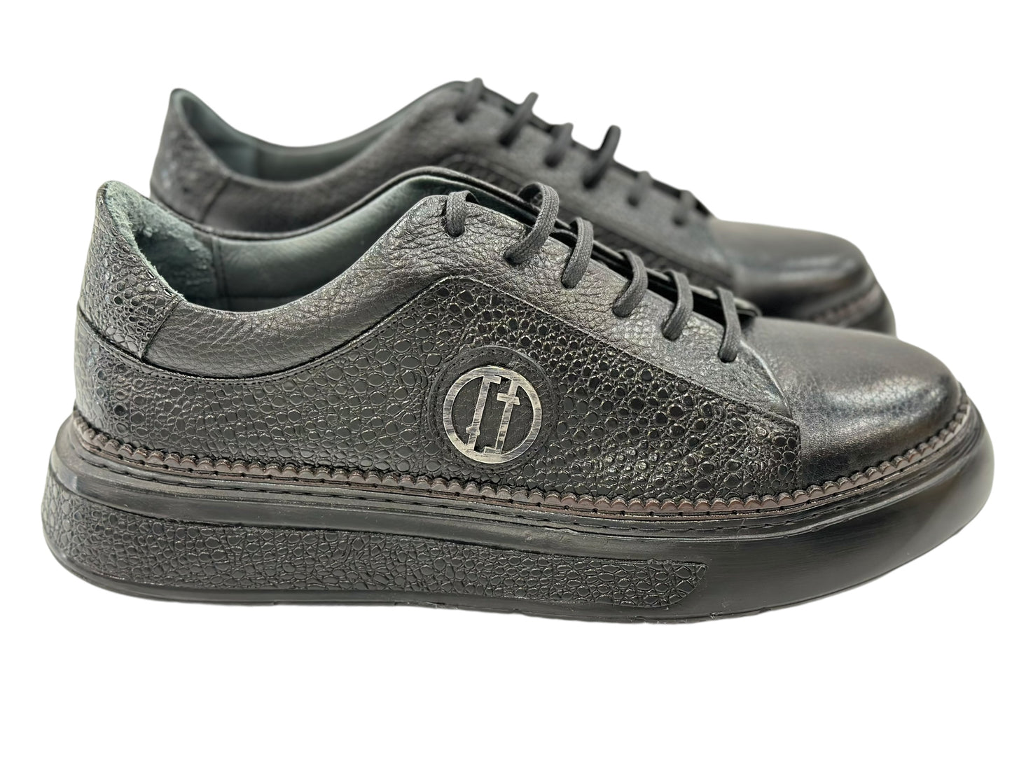 Black Leather Shoes With Black Lace- With Chrome Metal Details on the Side-SP12 228
