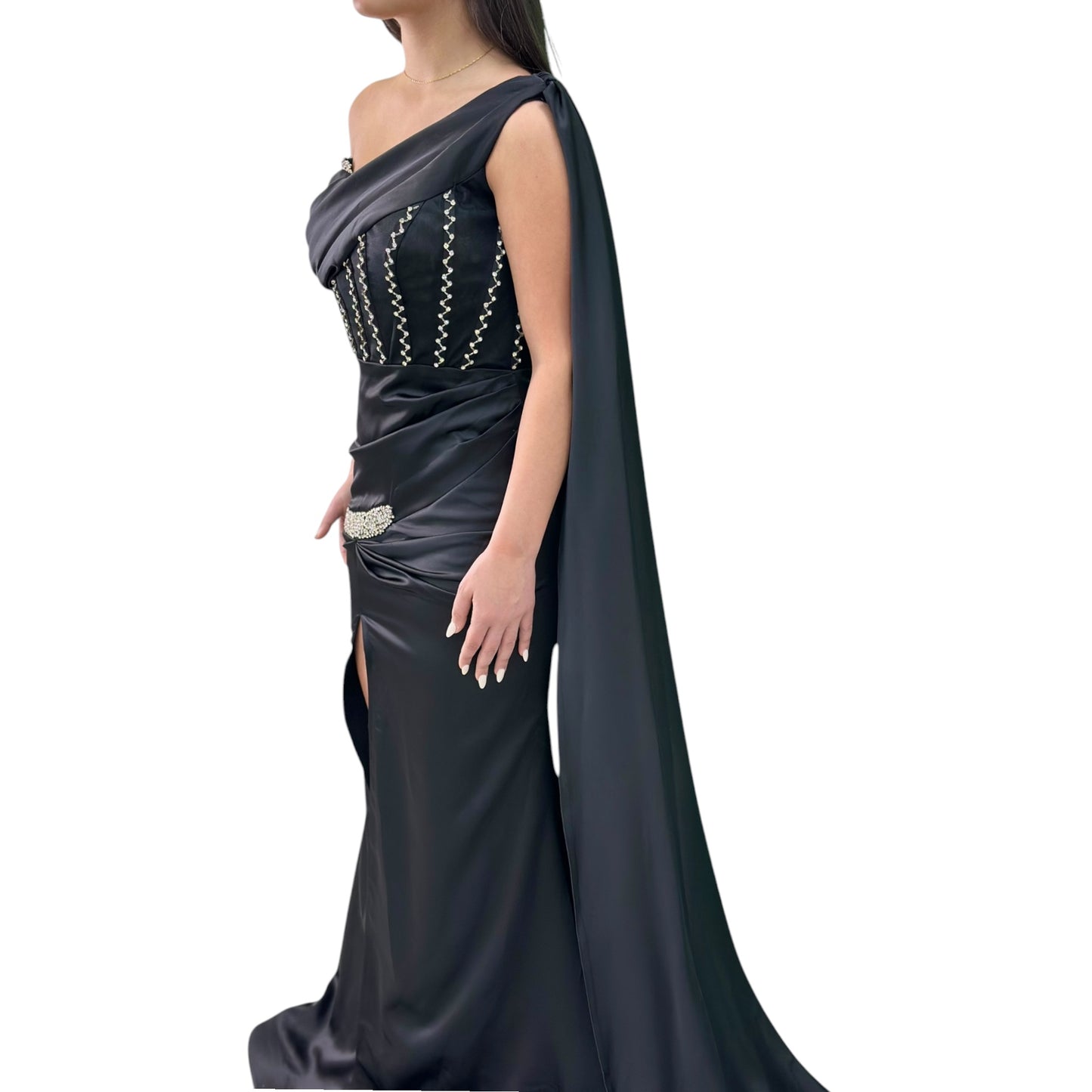 Sexy Black Long Dress- Detailed with Beautiful Satin with Crystals