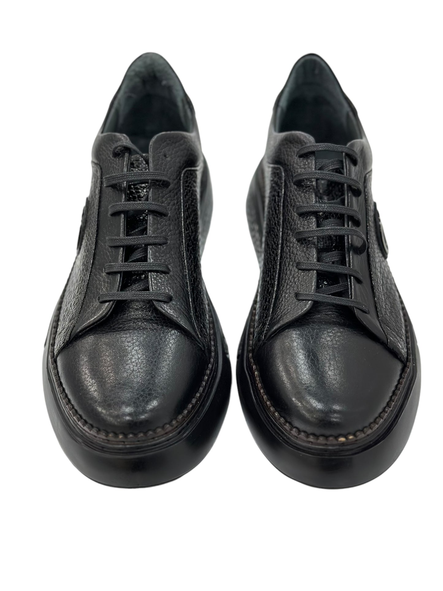 Black Leather Shoes With Black Lace- With Chrome Metal Details on the Side-SP12 228