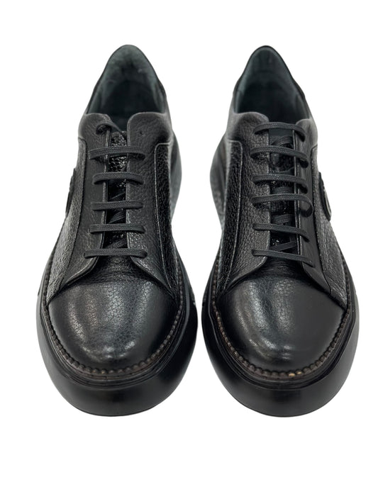 Black Leather Shoes With Black Lace- With Chrome Metal Details on the Side-SP12 228