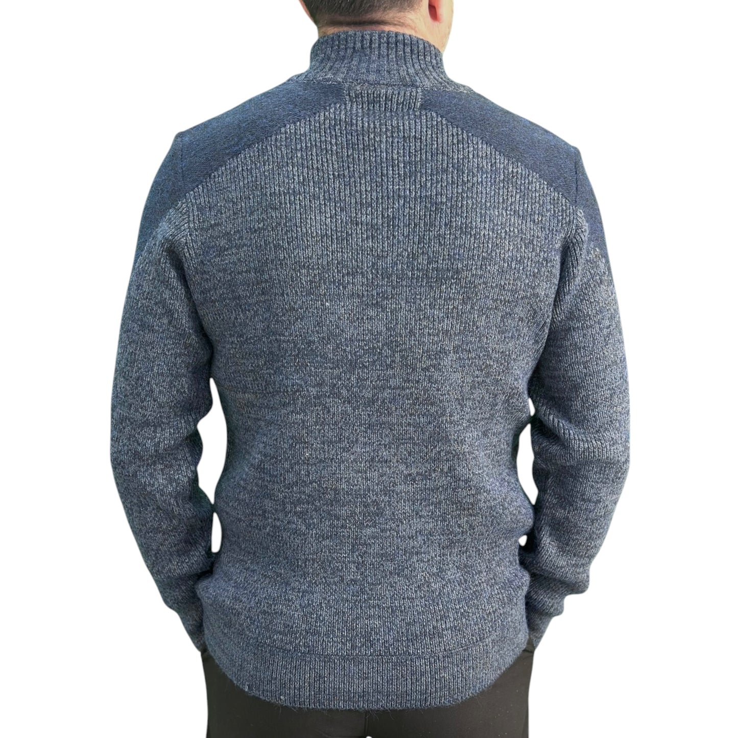 Gunky Winter Crew Neck Sweater- 100% Wool -  Dark Blue with Detailed Shoulders Pad in Gray