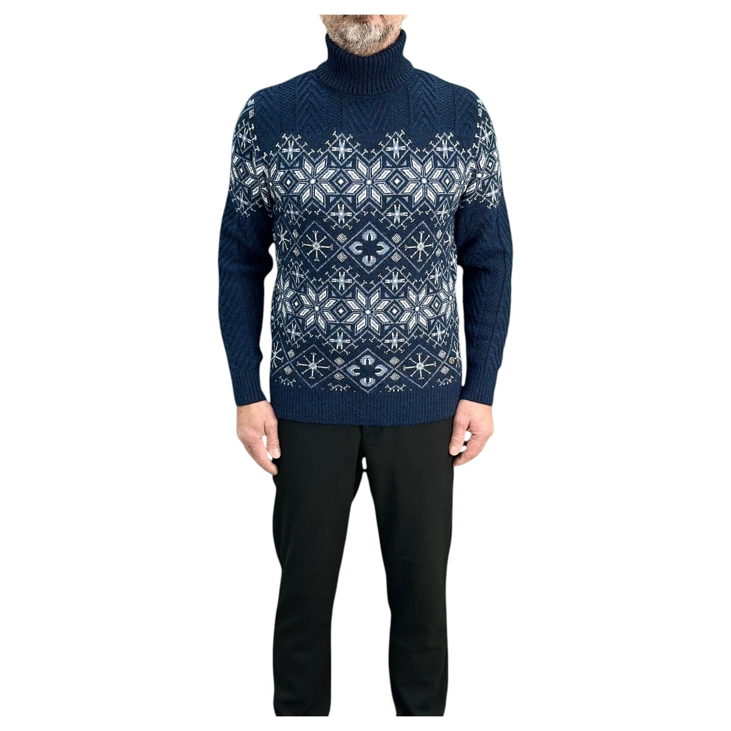 Navy Blue  and Gray Patterned  Men's Chunky Turtleneck Sweater -100% Real  Wool