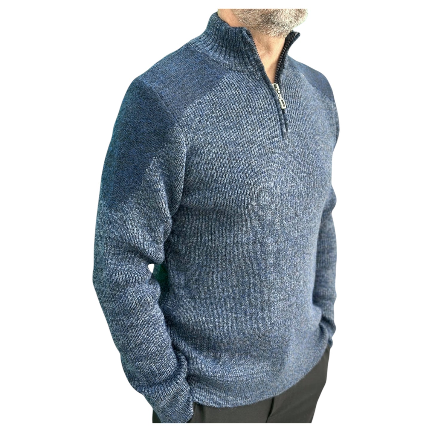 Gunky Winter Crew Neck Sweater- 100% Wool -  Dark Blue with Detailed Shoulders Pad in Gray