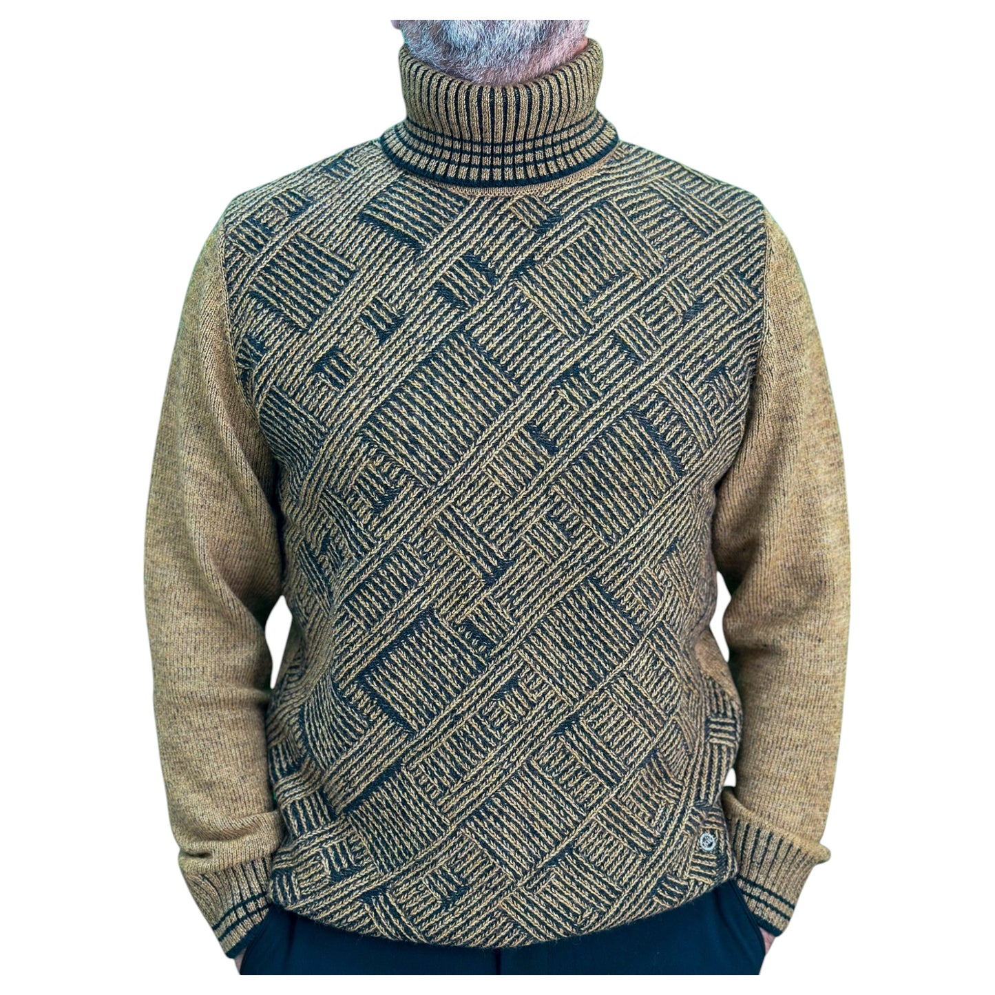 Light Brown  and Black Patterned  Men's Chunky Turtleneck Sweater -100% Real  Wool