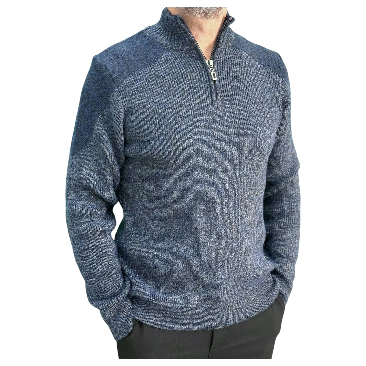 Gunky Winter Crew Neck Sweater- 100% Wool -  Dark Blue with Detailed Shoulders Pad in Gray