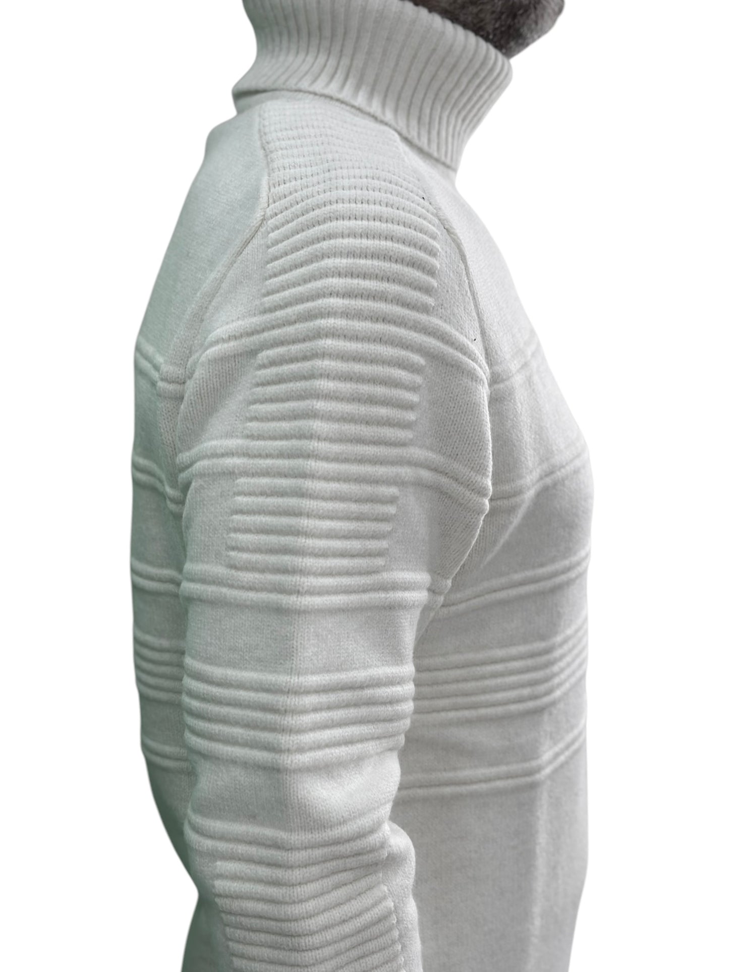 Solid Off White Patterned  Men's Chunky Turtleneck Sweater -100% Real  Wool