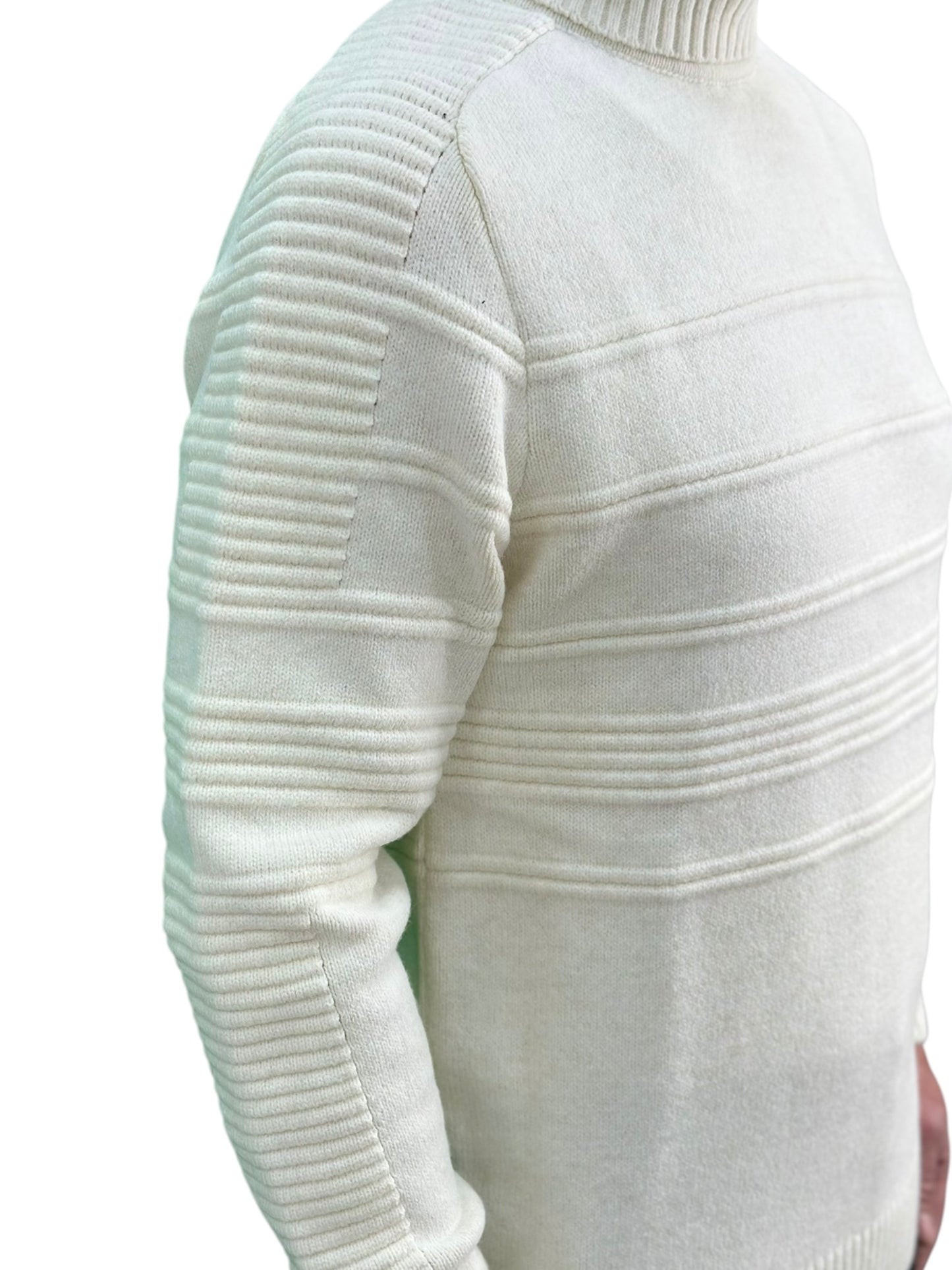 Solid Off White Patterned  Men's Chunky Turtleneck Sweater -100% Real  Wool