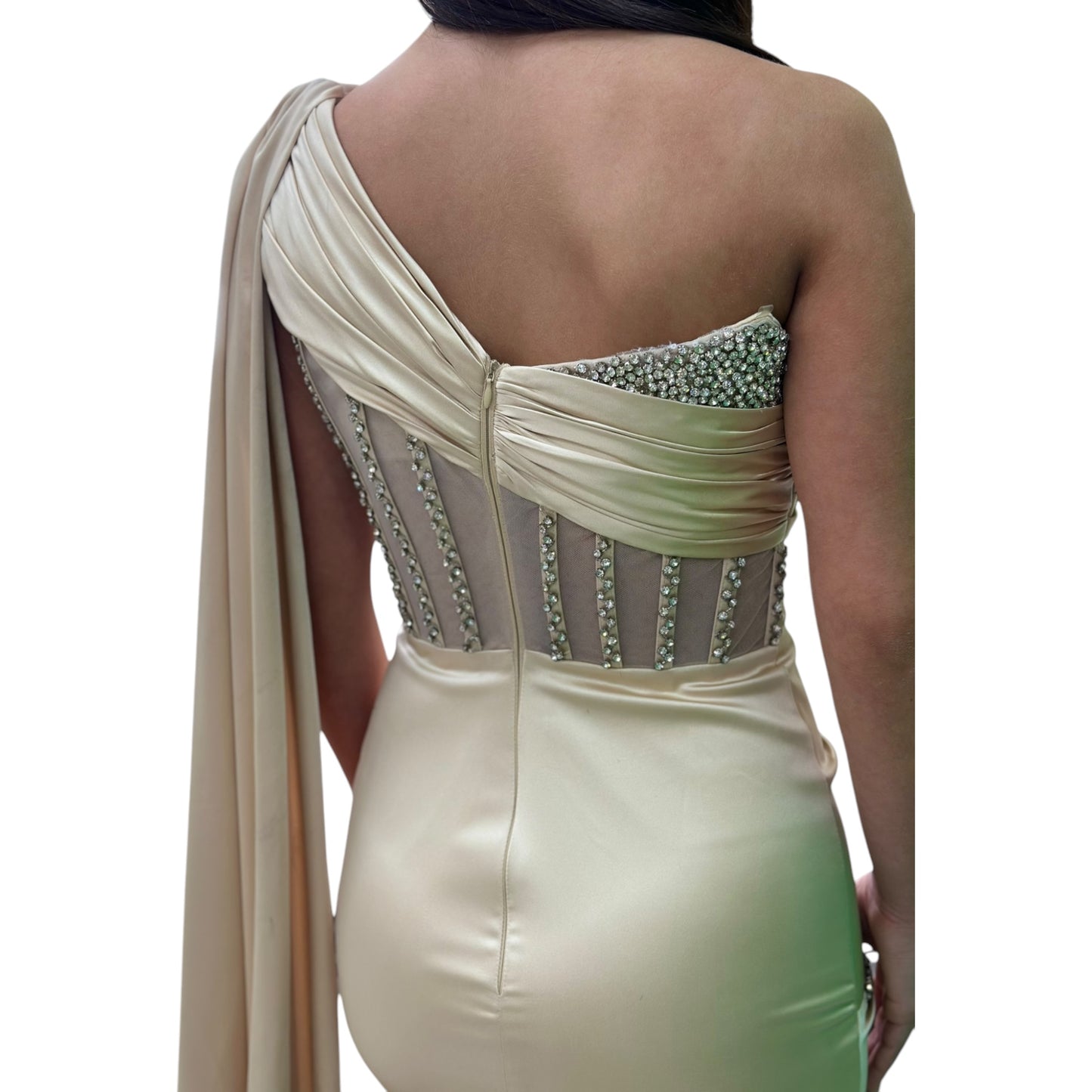 Sexy Champagne  Long Dress- Detailed with Beautiful Satin with Crystals