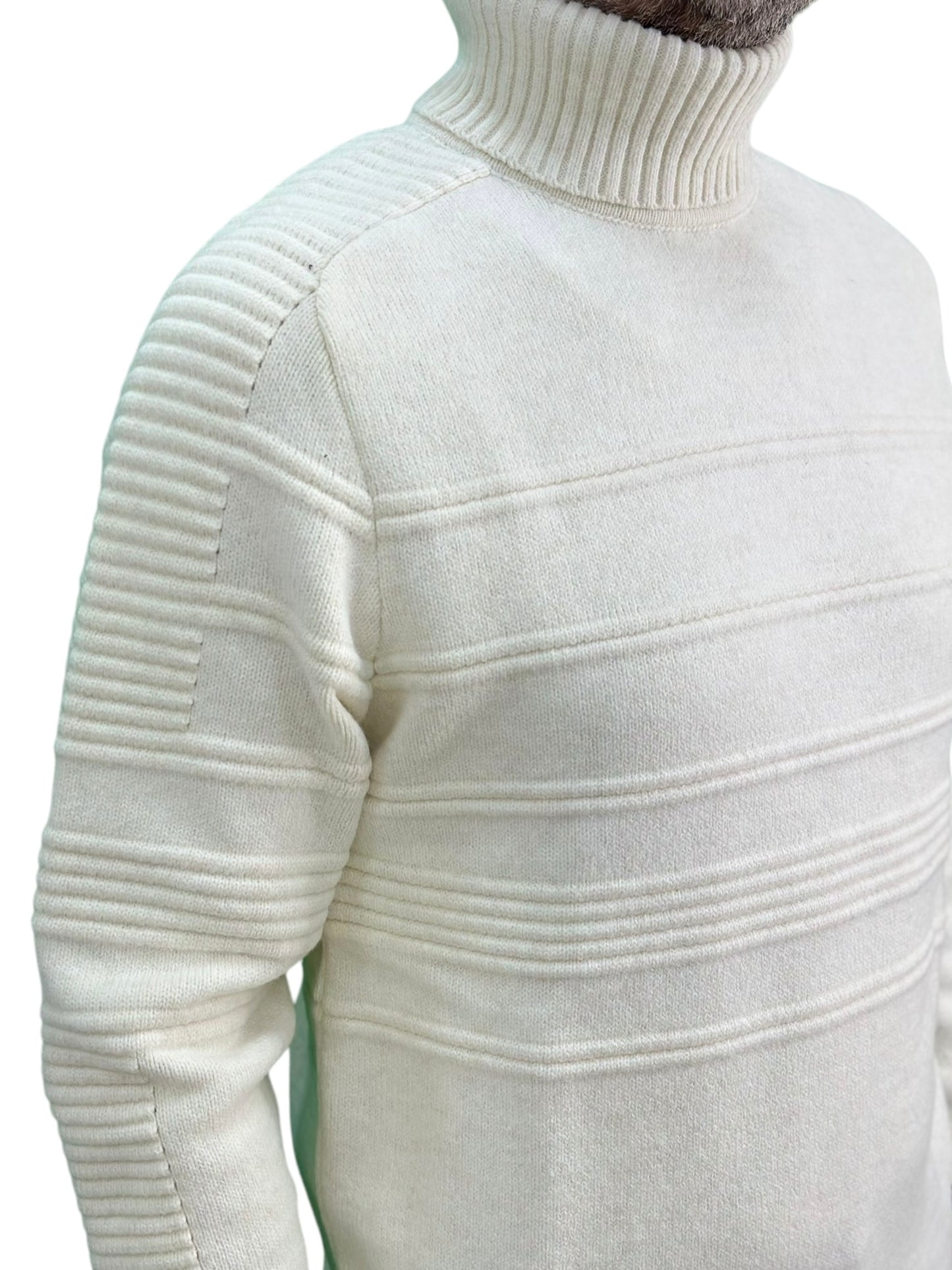 Solid Off White Patterned  Men's Chunky Turtleneck Sweater -100% Real  Wool