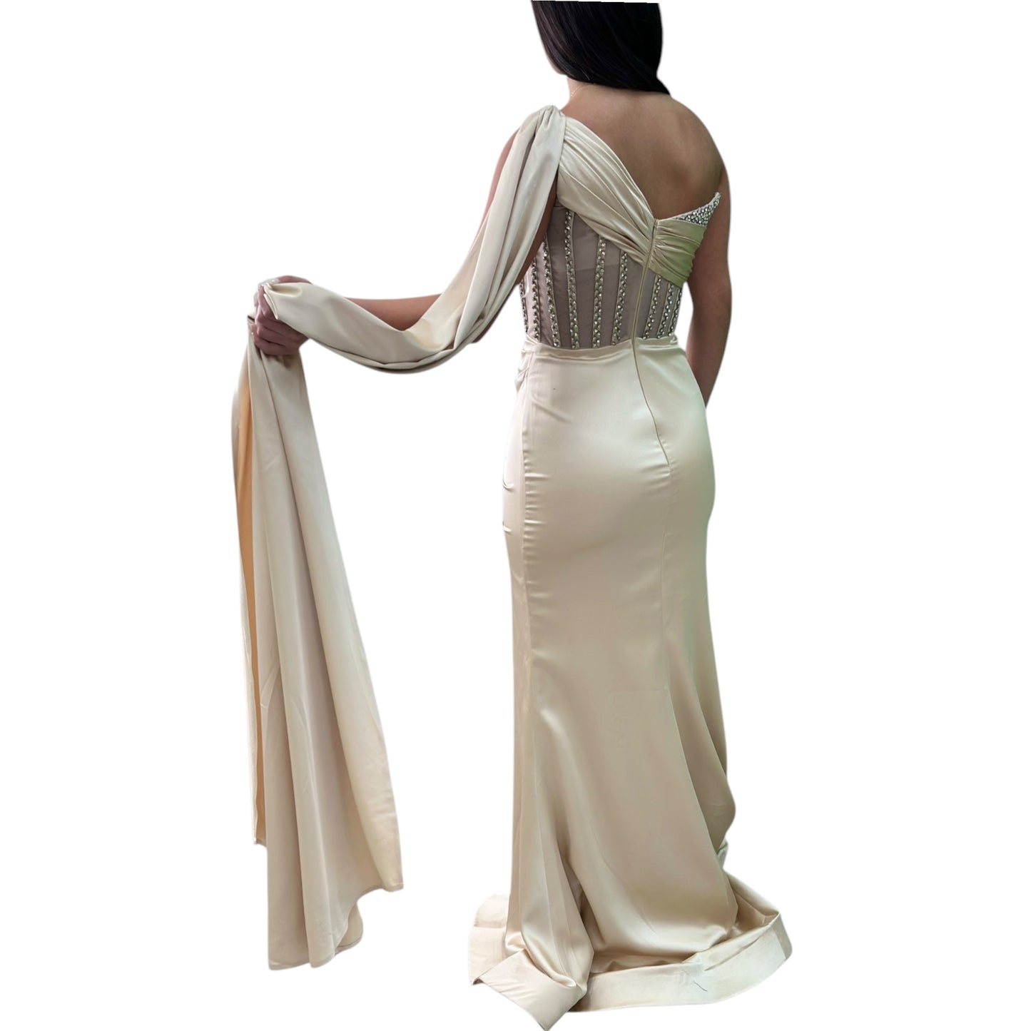 Sexy Champagne  Long Dress- Detailed with Beautiful Satin with Crystals