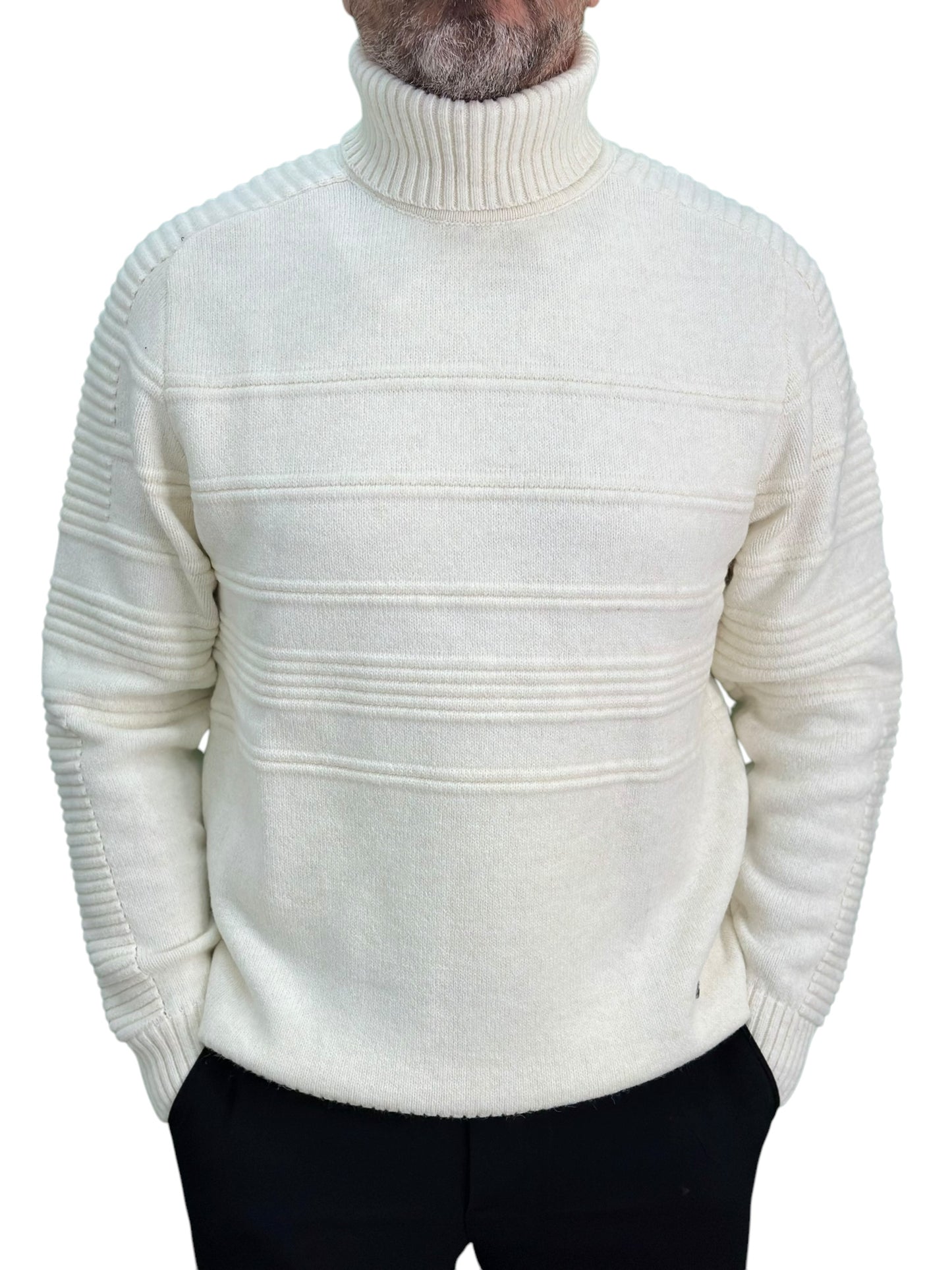 Solid Off White Patterned  Men's Chunky Turtleneck Sweater -100% Real  Wool