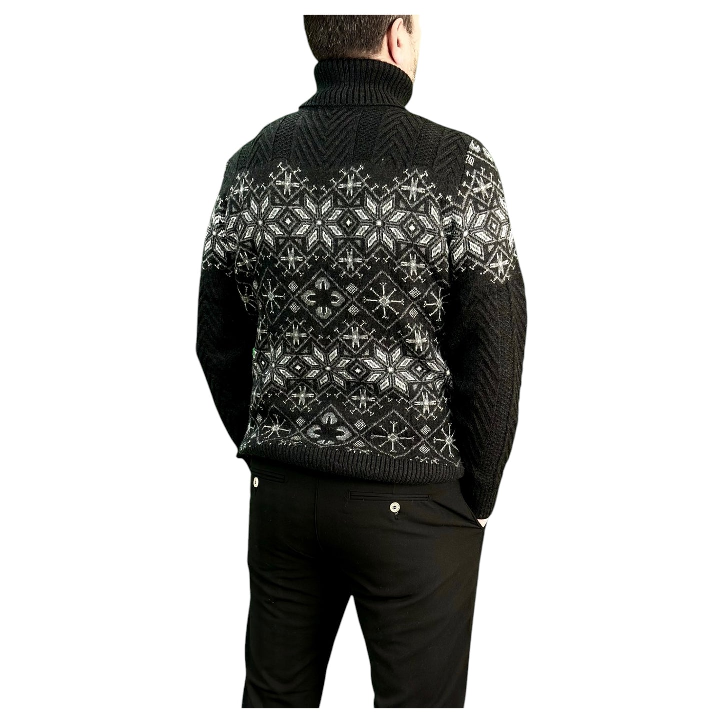 Black and Gray Patterned  Men's Chunky Turtleneck Sweater -100% Real  Wool