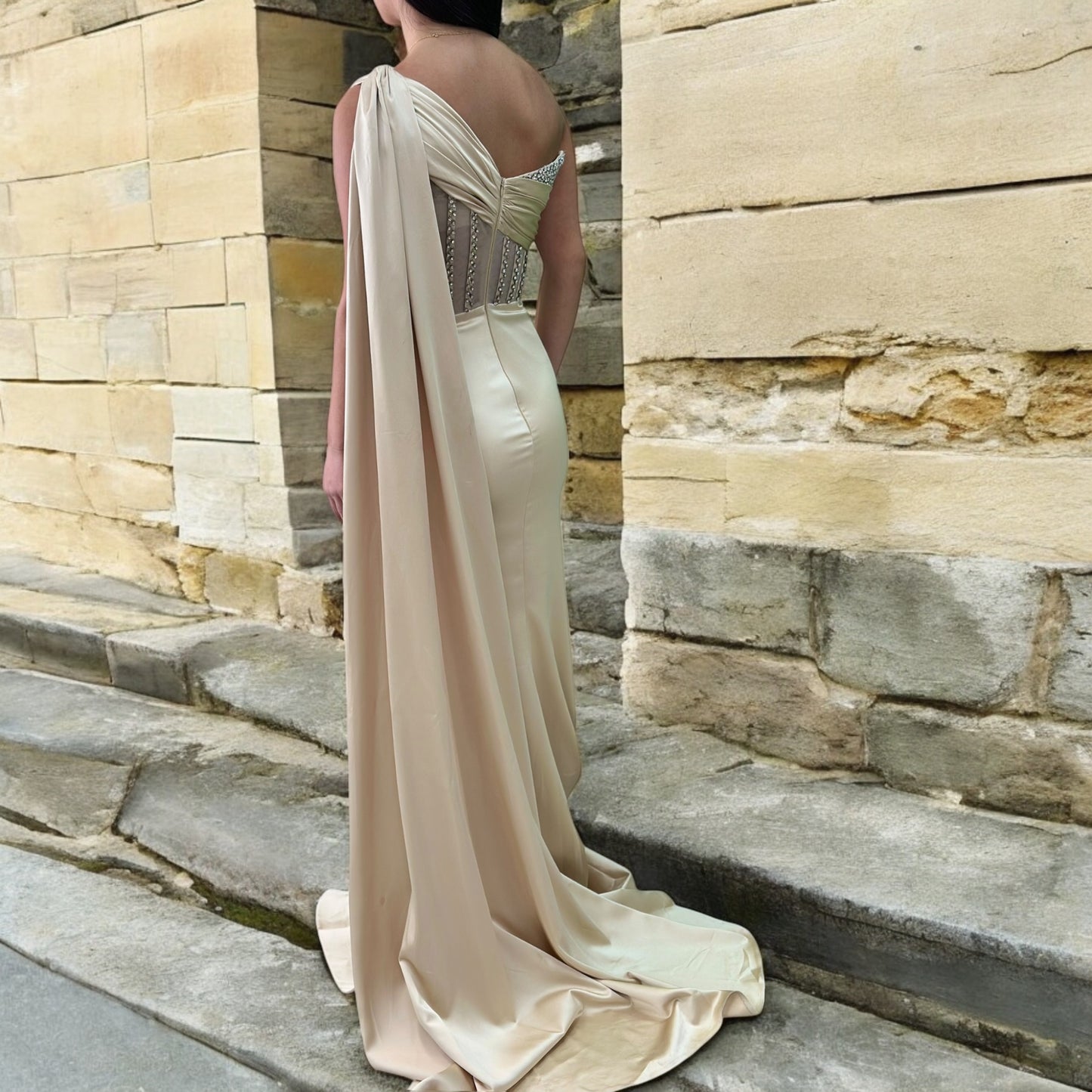 Sexy Champagne  Long Dress- Detailed with Beautiful Satin with Crystals