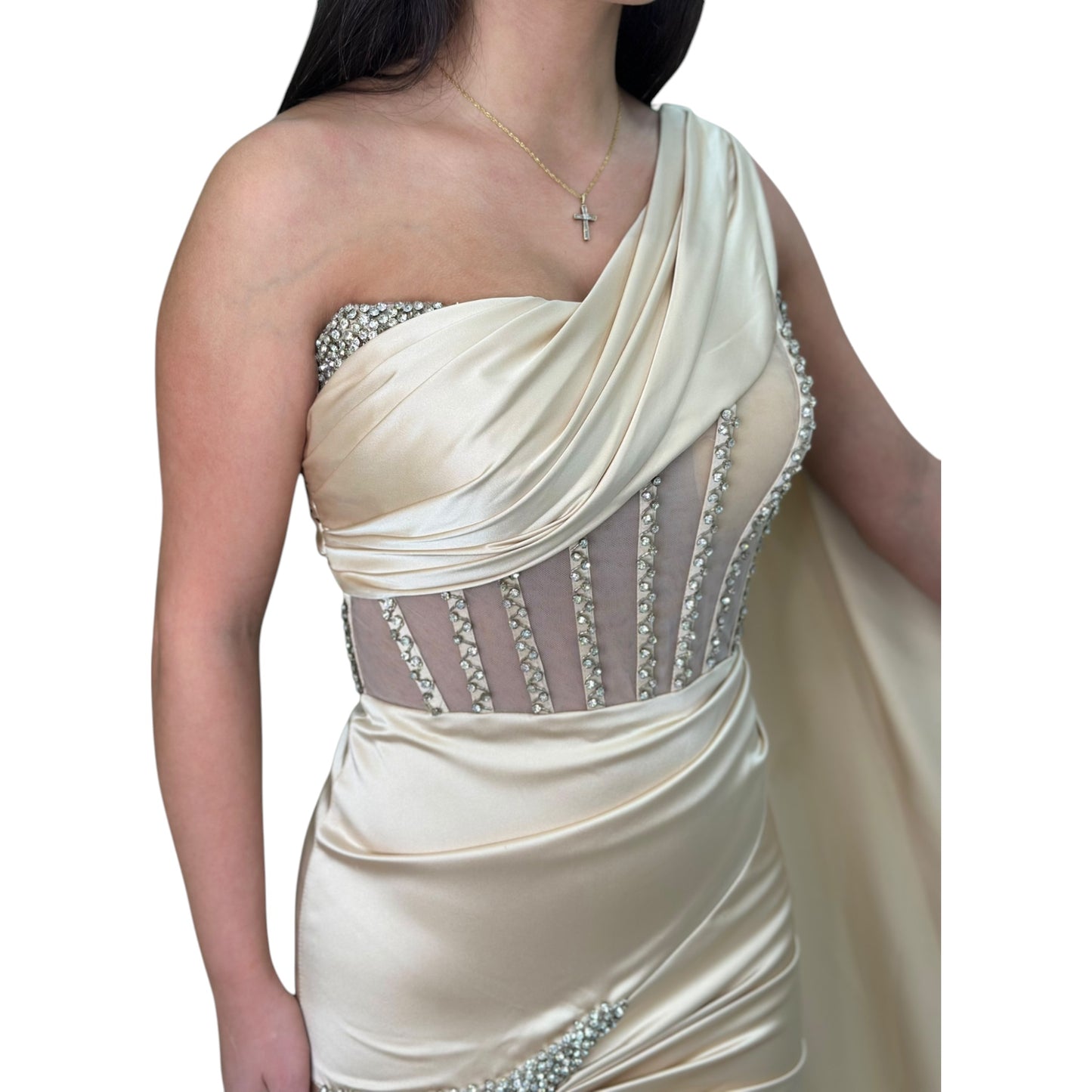 Sexy Champagne  Long Dress- Detailed with Beautiful Satin with Crystals
