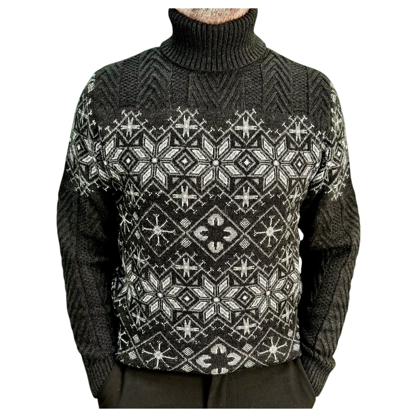 Black and Gray Patterned  Men's Chunky Turtleneck Sweater -100% Real  Wool