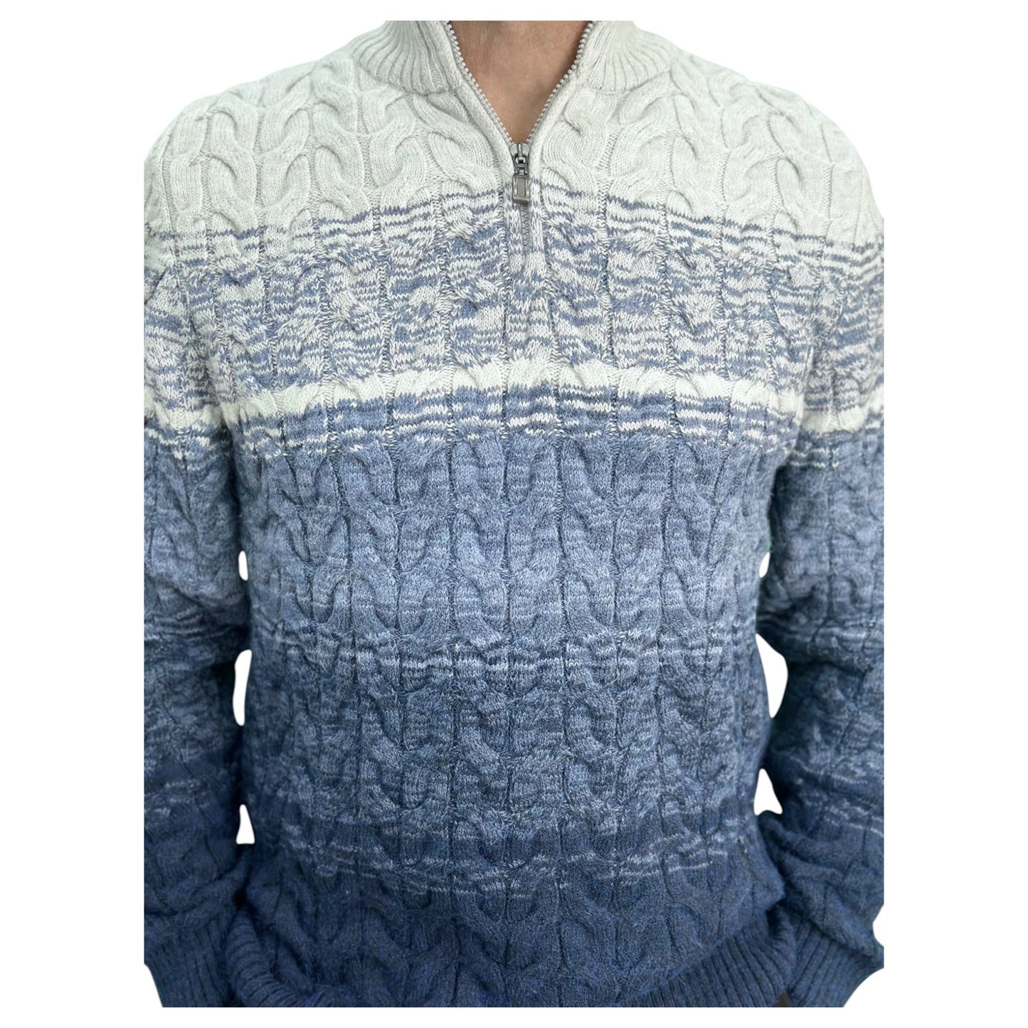 Gunky Winter Crew Neck Sweater- 100% Wool -  Navy Blue  Combined with Light to Blue to Light Gray