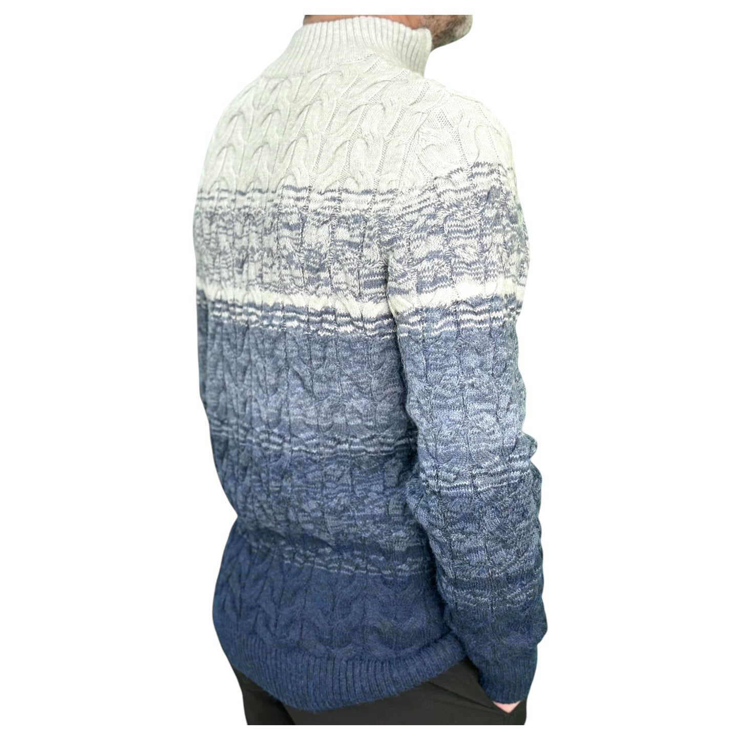 Gunky Winter Crew Neck Sweater- 100% Wool -  Navy Blue  Combined with Light to Blue to Light Gray