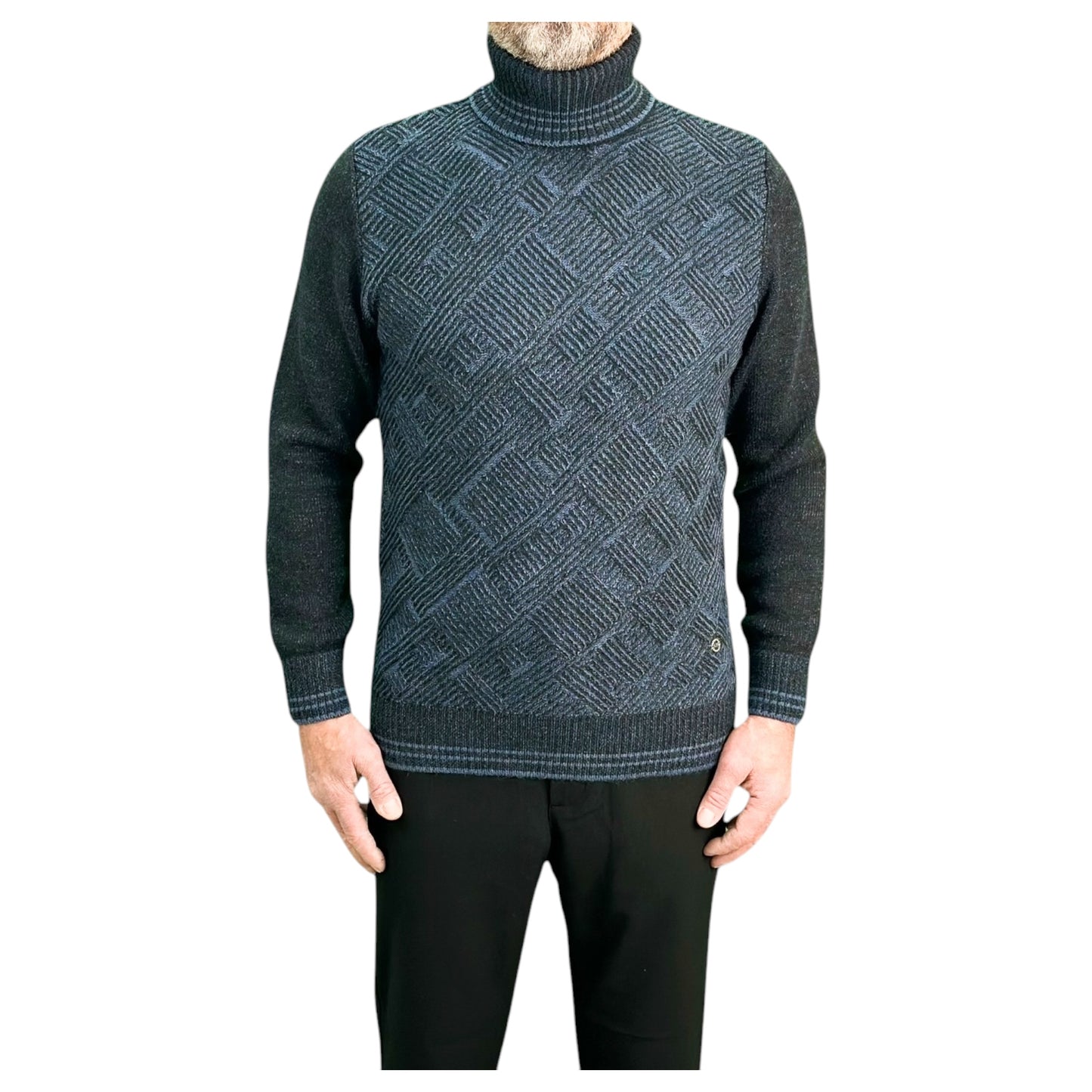 Dark and Light Blue Patterned  Men's Chunky Turtleneck Sweater -100% Real  Wool