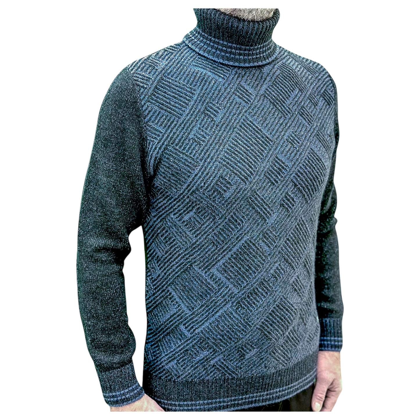 Dark and Light Blue Patterned  Men's Chunky Turtleneck Sweater -100% Real  Wool
