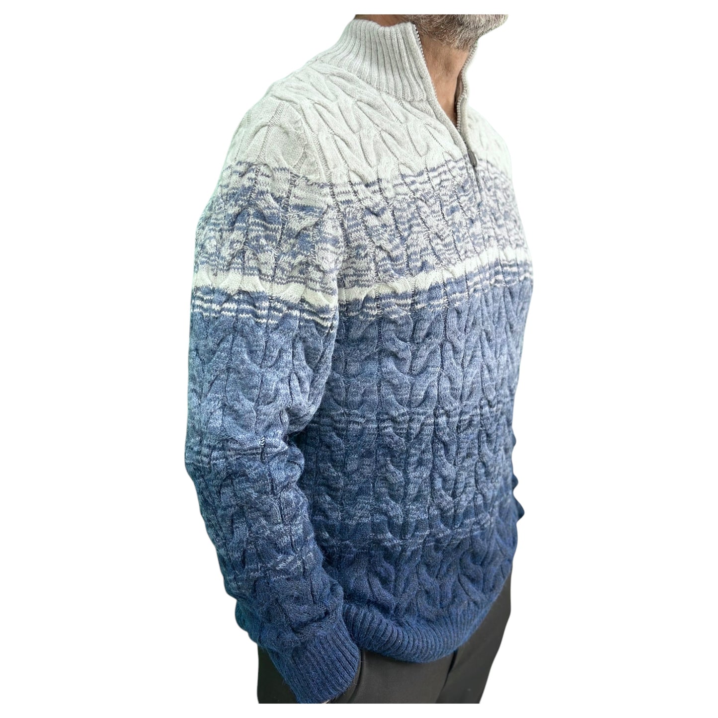 Gunky Winter Crew Neck Sweater- 100% Wool -  Navy Blue  Combined with Light to Blue to Light Gray