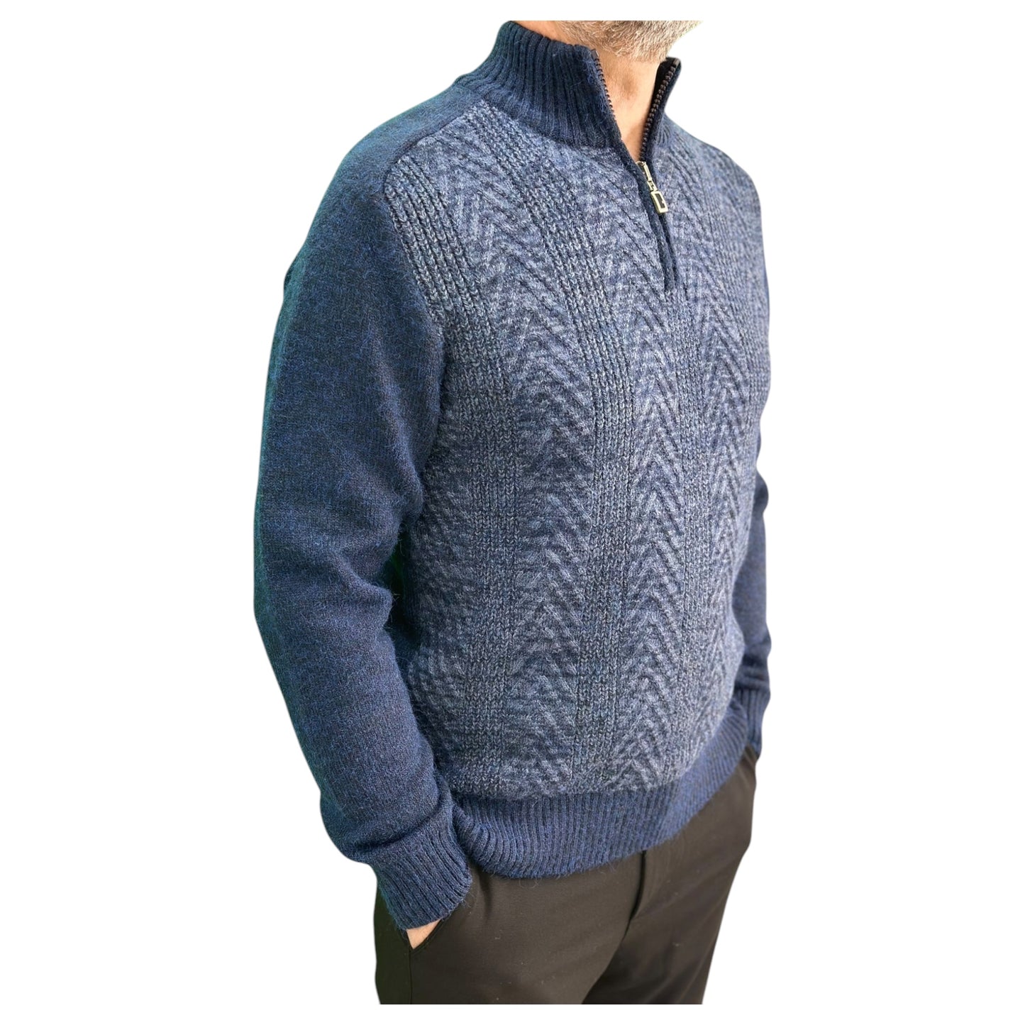Gunky Winter Crew Neck Sweater- 100% Wool -  Navy Blue - with Light Gray