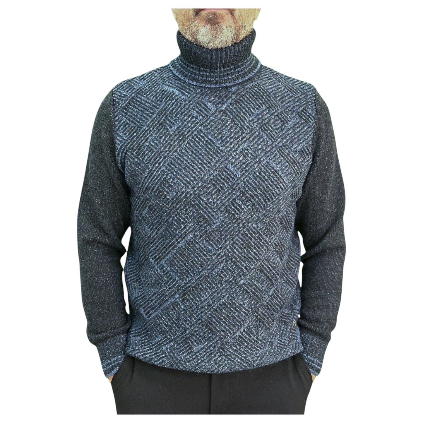 Dark and Light Blue Patterned  Men's Chunky Turtleneck Sweater -100% Real  Wool