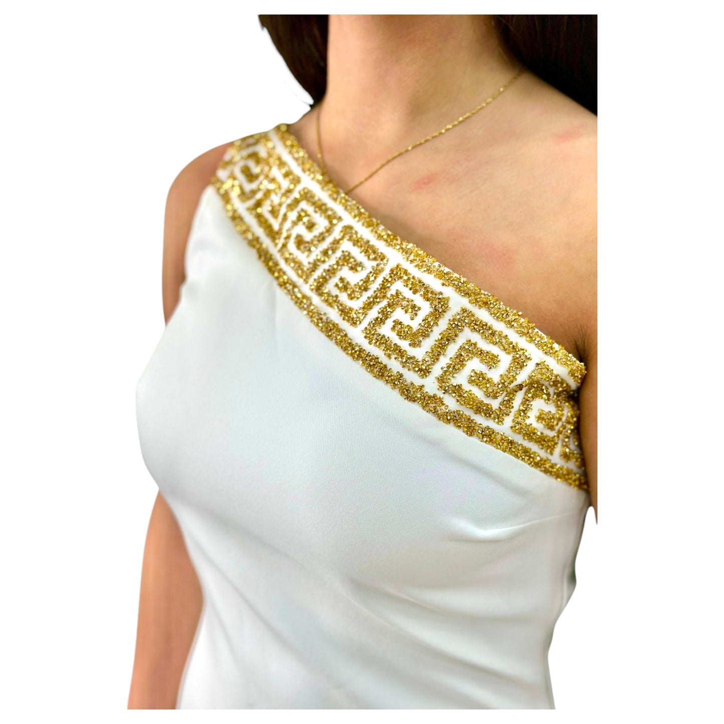 One Shouldered White Fitted Dress Beautifully Detailed with Gold and an elegant Slit on the side