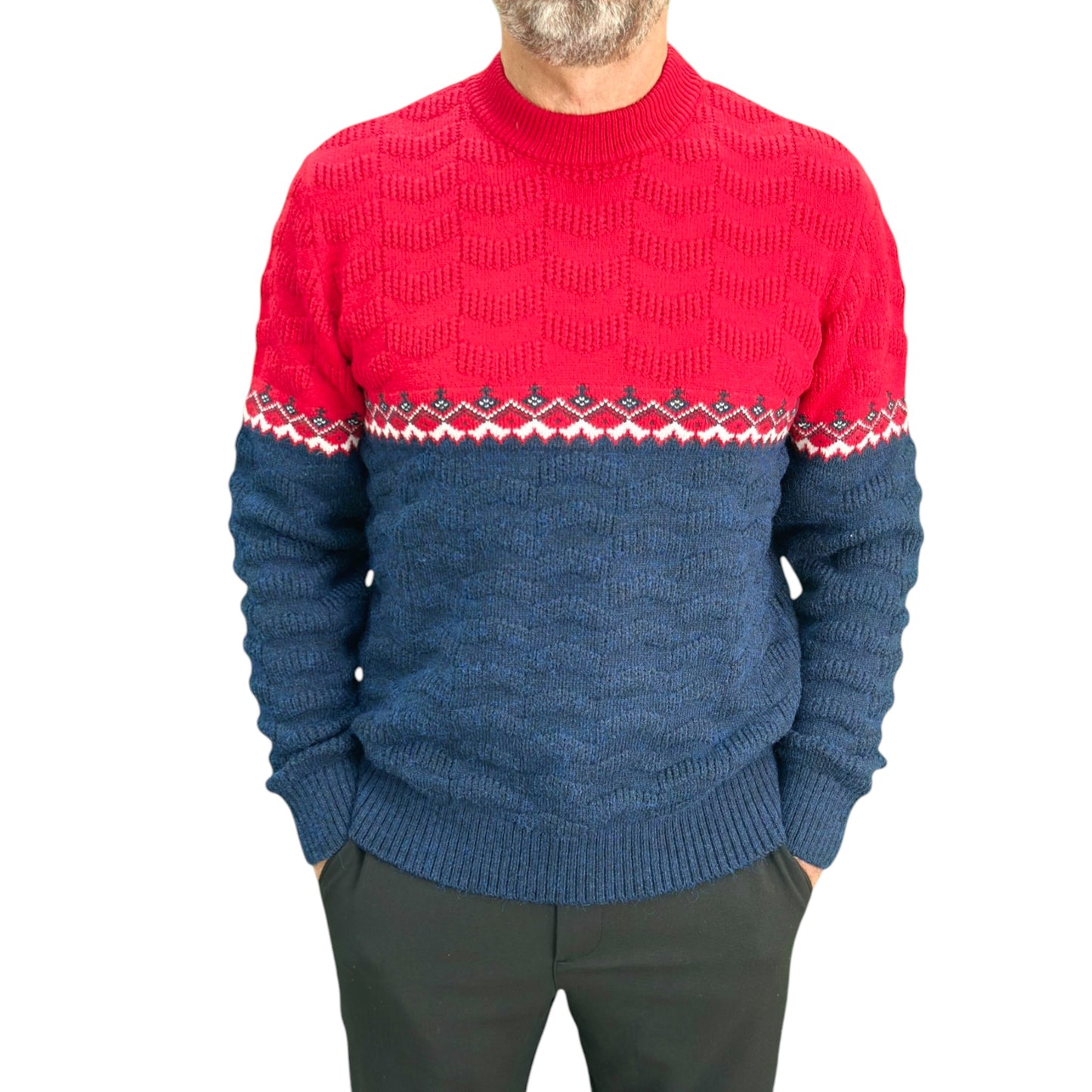 Gunky Winter Crew Neck Sweater- 100% Wool - Red and Navy Blue Combo