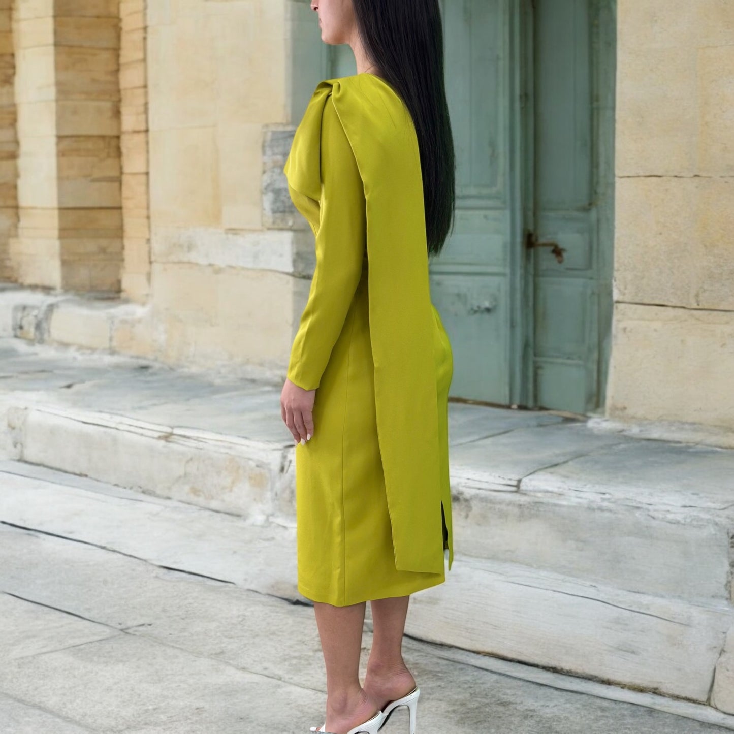 Sexy Midi Green Dress- Detailed with Beautiful One Shoulder Fabric