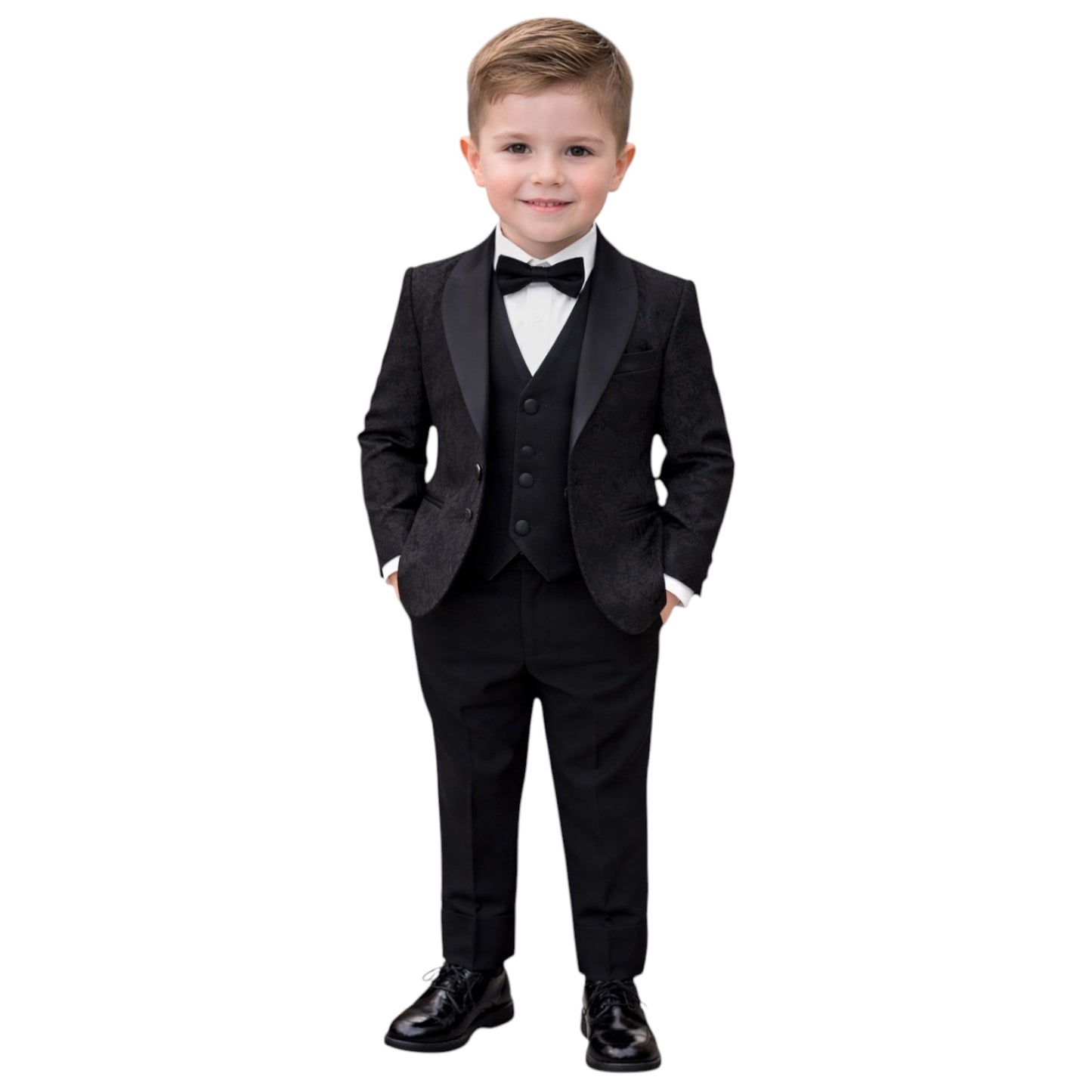 Kids Full Suit - Patterned Black Jacket with Satin Collar, Vest, and Pants