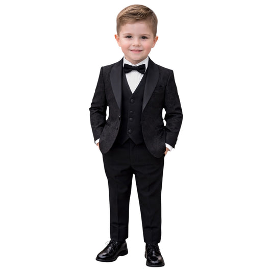 Kids Full Suit - Patterned Black Jacket with Satin Collar, Vest, and Pants