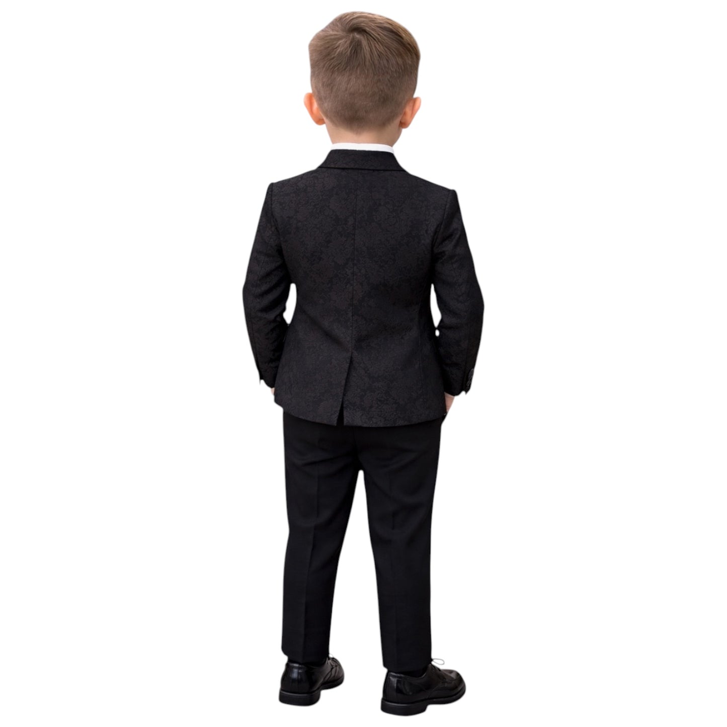 Kids Full Suit - Patterned Black Jacket with Satin Collar, Vest, and Pants