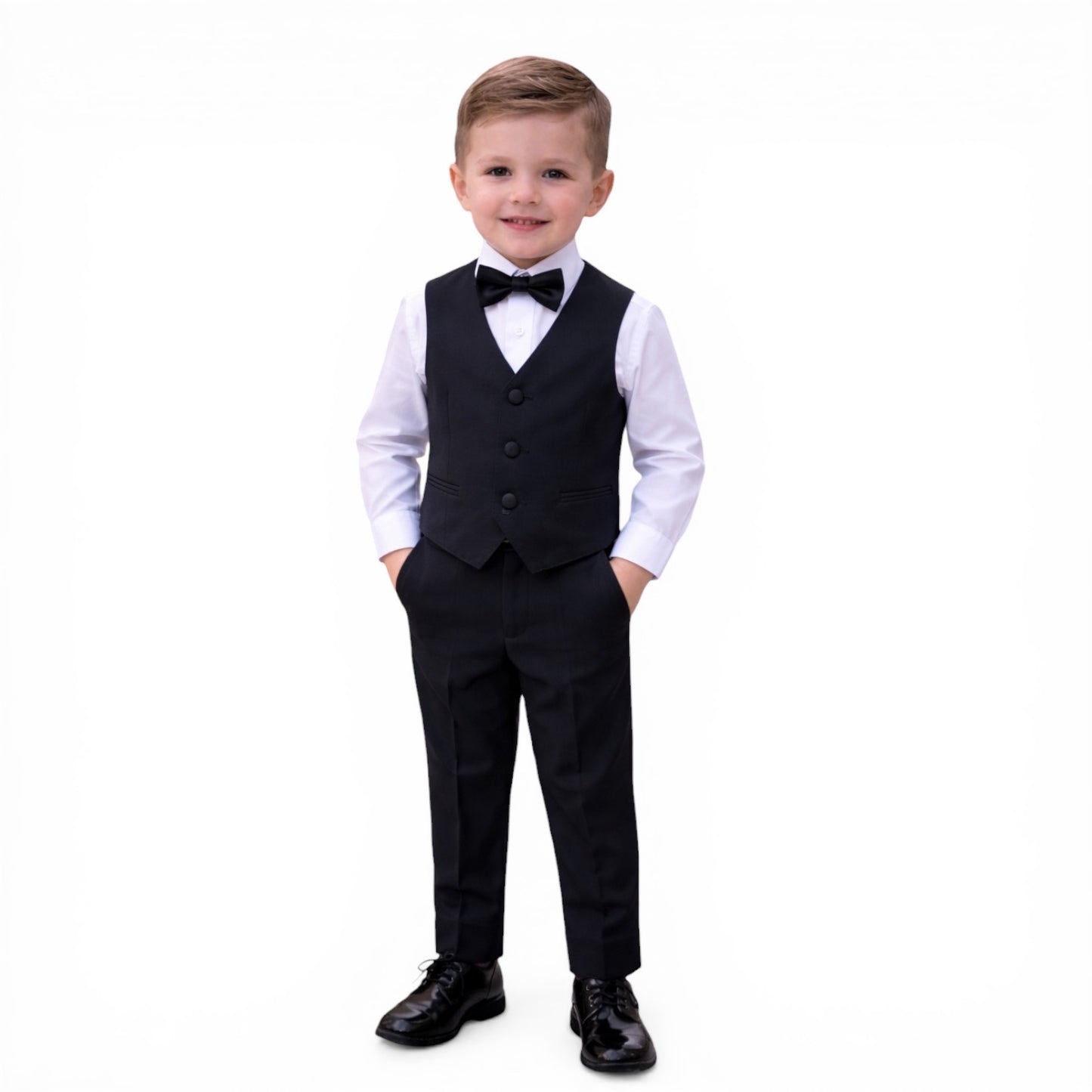 Kids Full Suit - Patterned Black Jacket with Satin Collar, Vest, and Pants