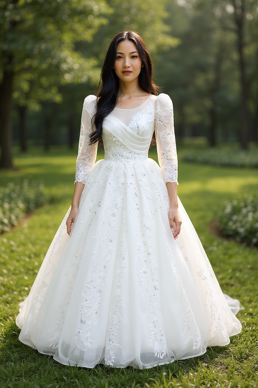 Princess  Ball Gown Style - Wedding Gown - Creamy White -Long Sleeves  Detailed with Sequins
