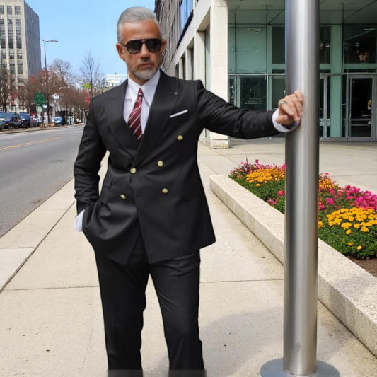 Elegant Black Double Breasted Suit with Golden Buttons - Slim Fit