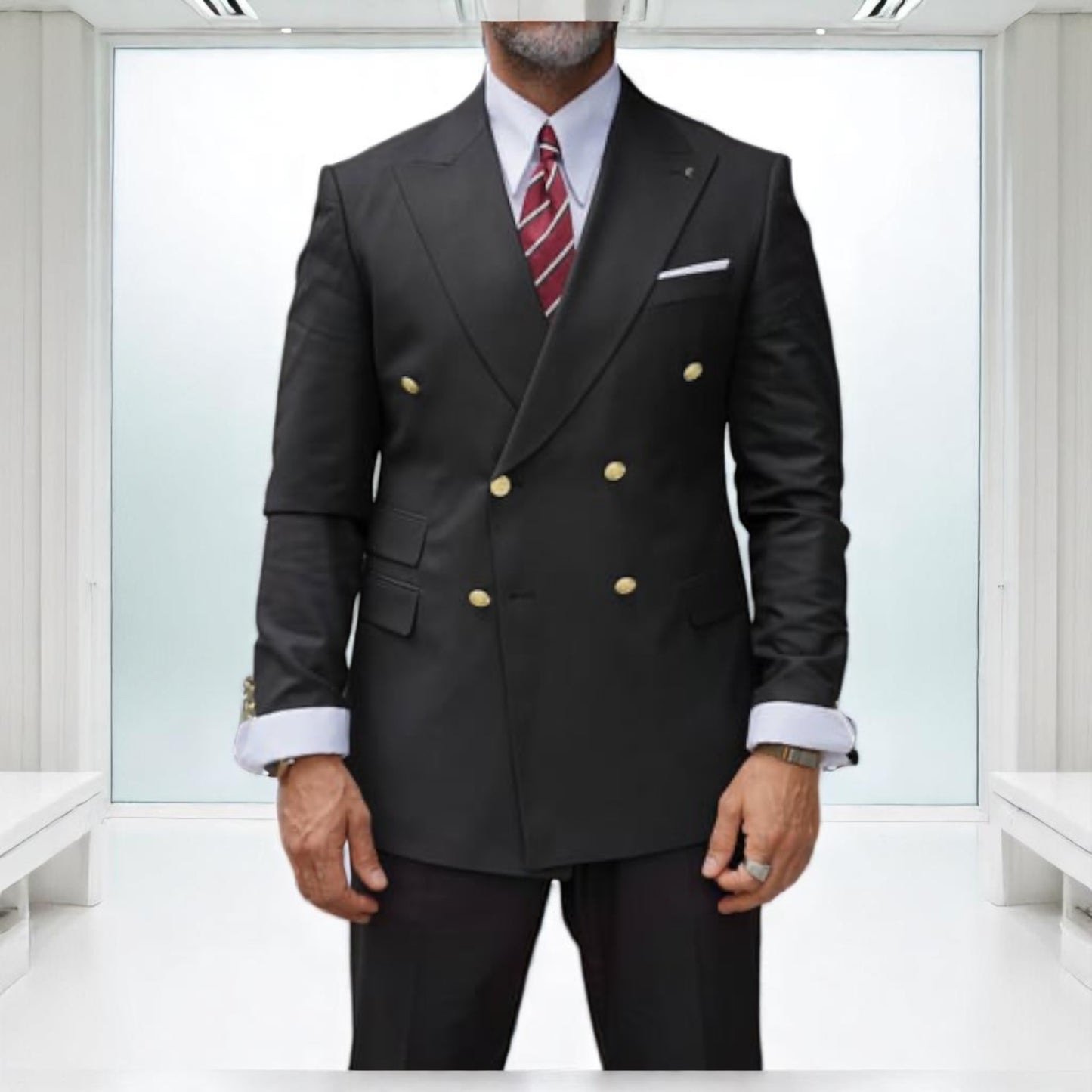 Elegant Black Double Breasted Suit with Golden Buttons - Slim Fit