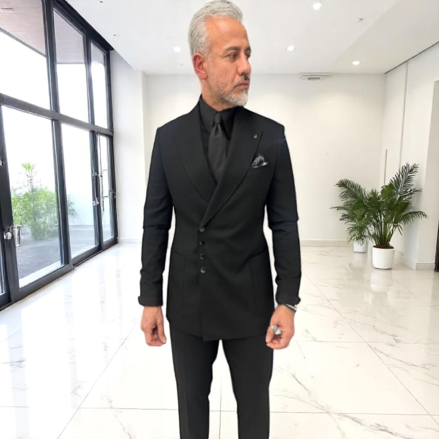 Elegant Slim Fit Black Suit with Snap On Silver Buttons