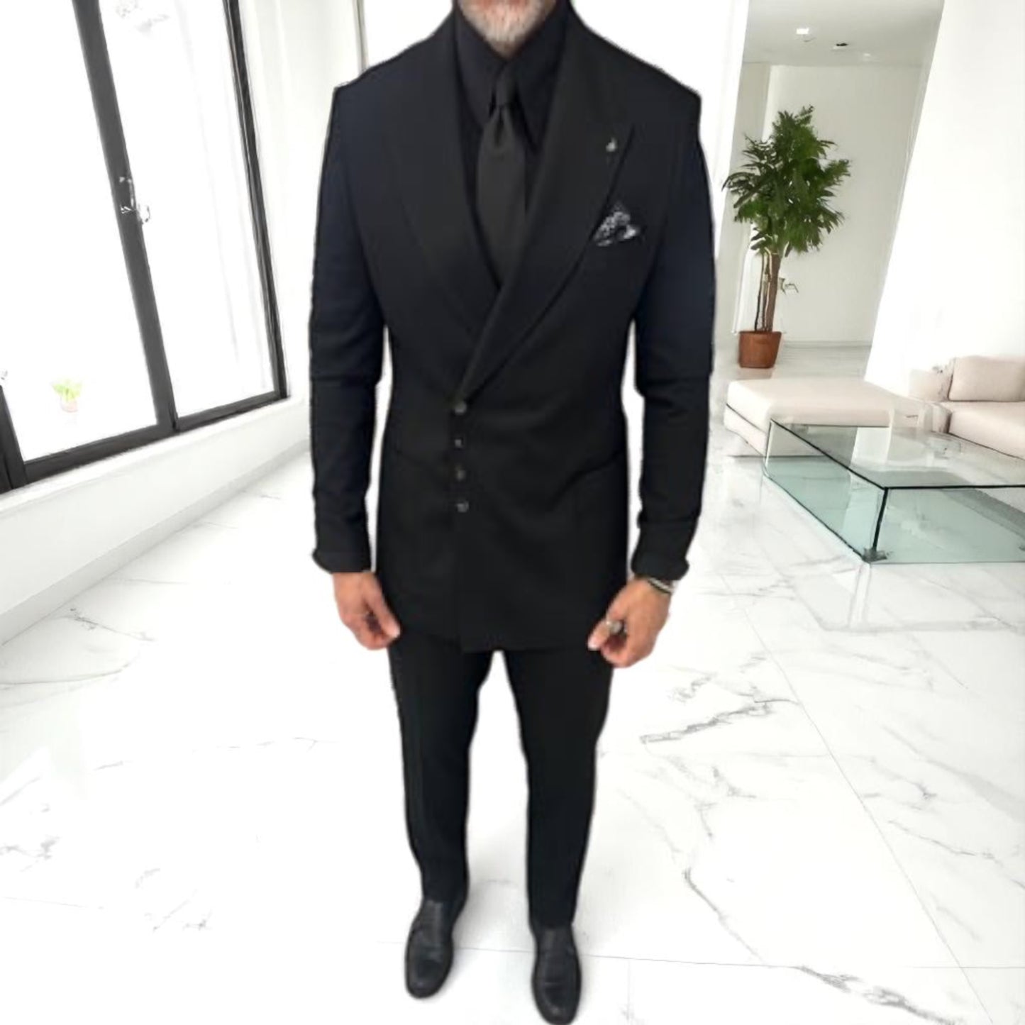 Elegant Slim Fit Black Suit with Snap On Silver Buttons