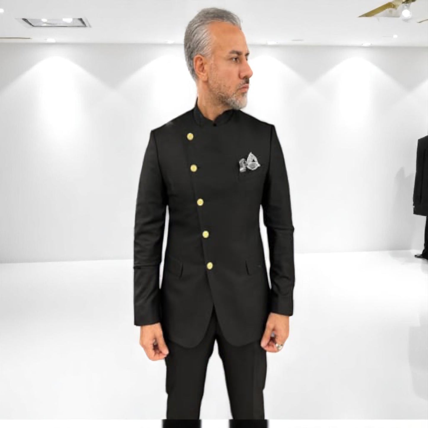 Elegance and Quality Slim Fit Black Suit with No Collar- Gold Buttons
