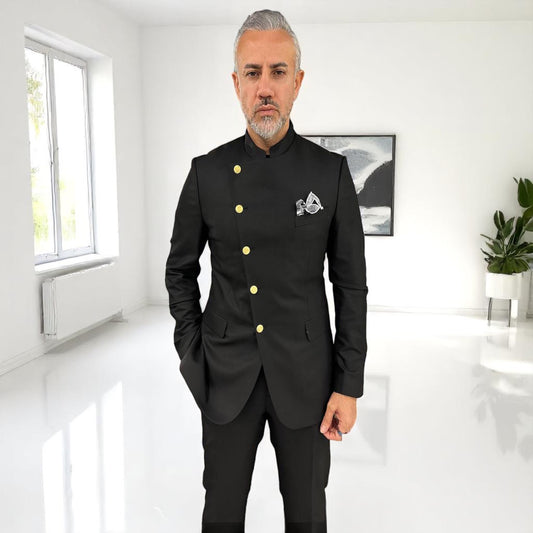 Elegance and Quality Slim Fit Black Suit with No Collar- Gold Buttons