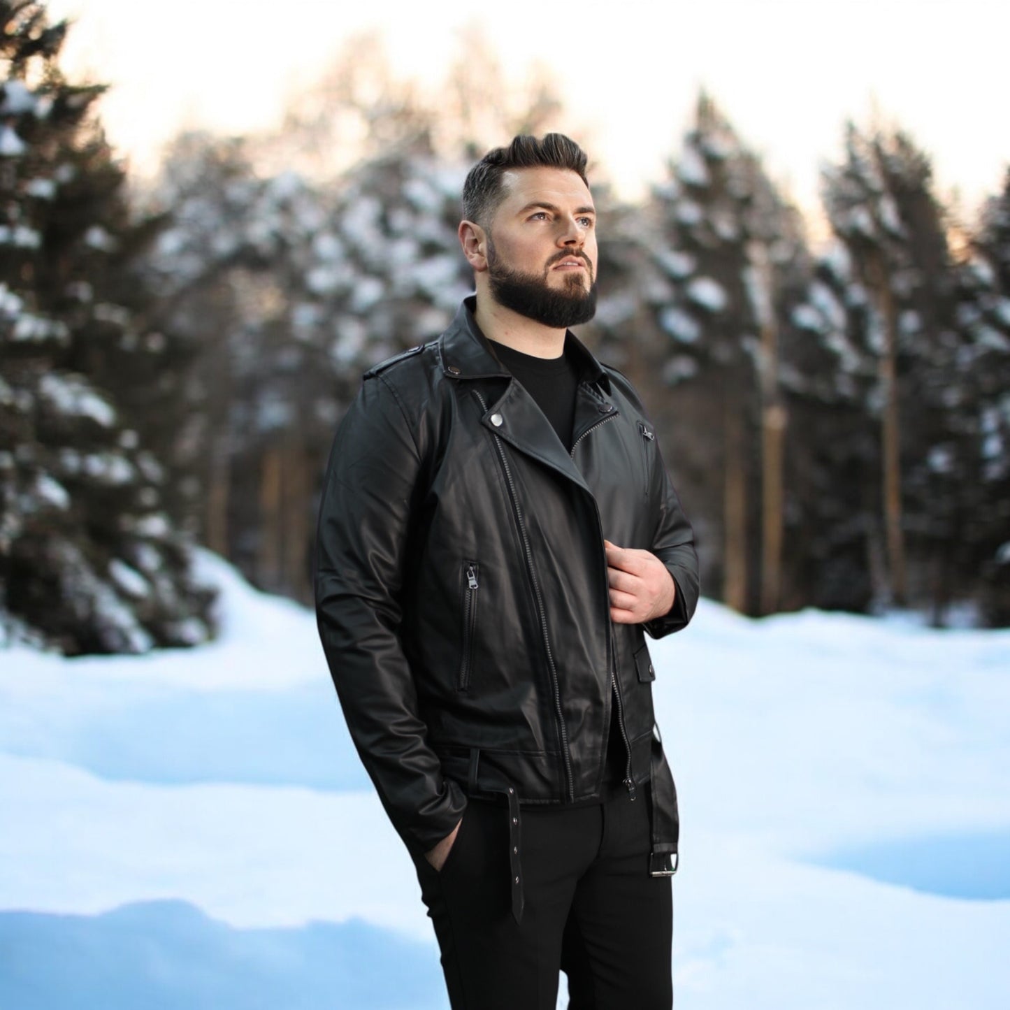 Casual -Black Leather  Winter Jacket with Detailed Belt (Removable)