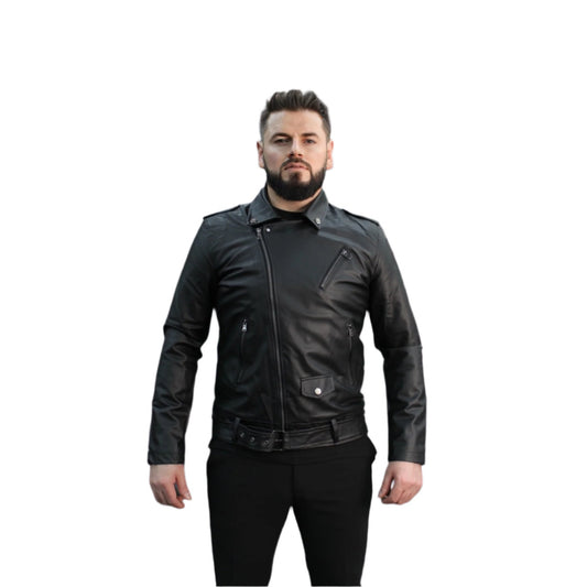 Casual -Black Leather  Winter Jacket with Detailed Belt (Removable)