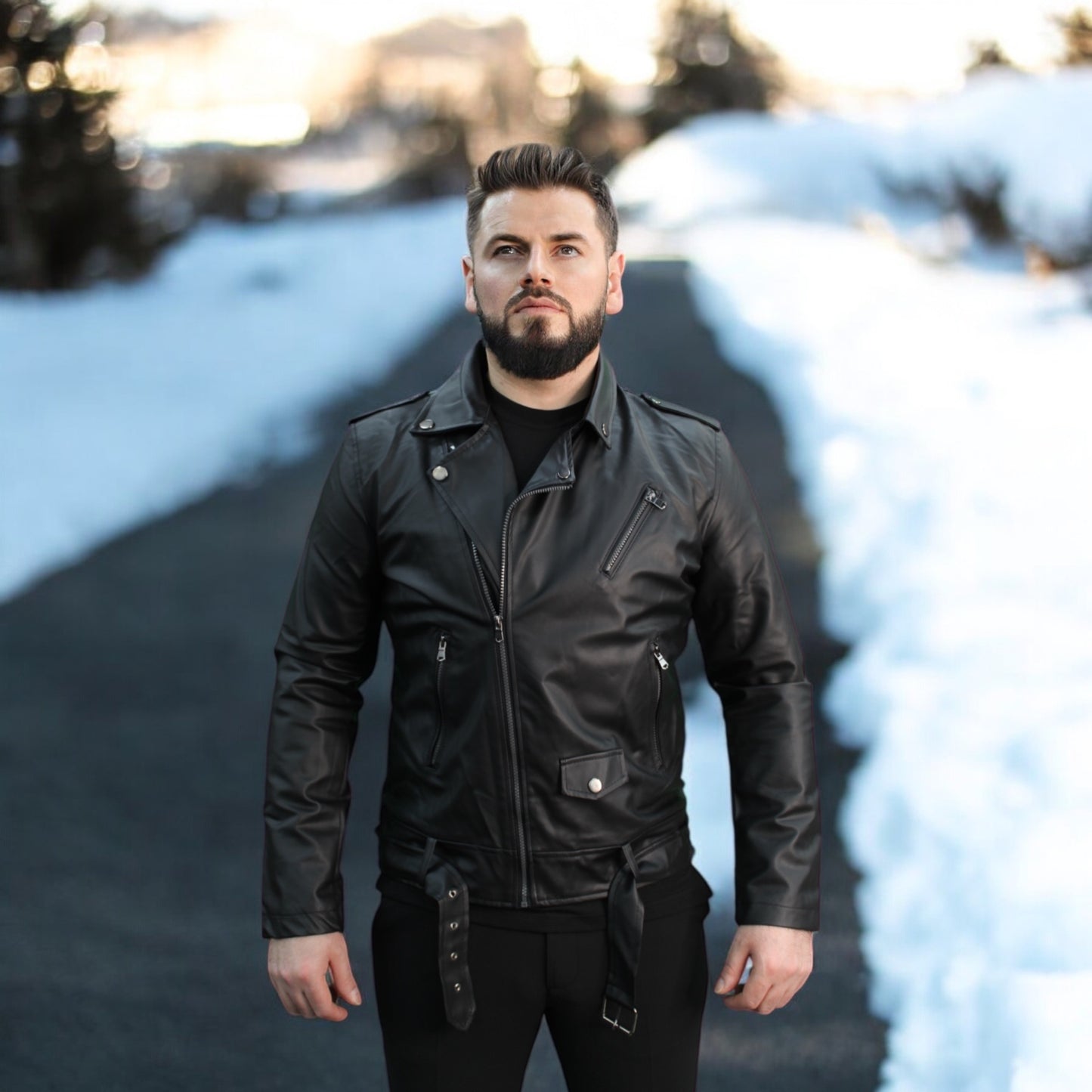 Casual -Black Leather  Winter Jacket with Detailed Belt (Removable)