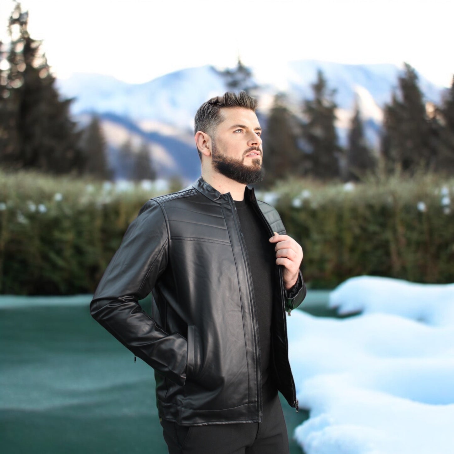 Detailed -Casual -Black Leather  Winter Jacket with Pockets