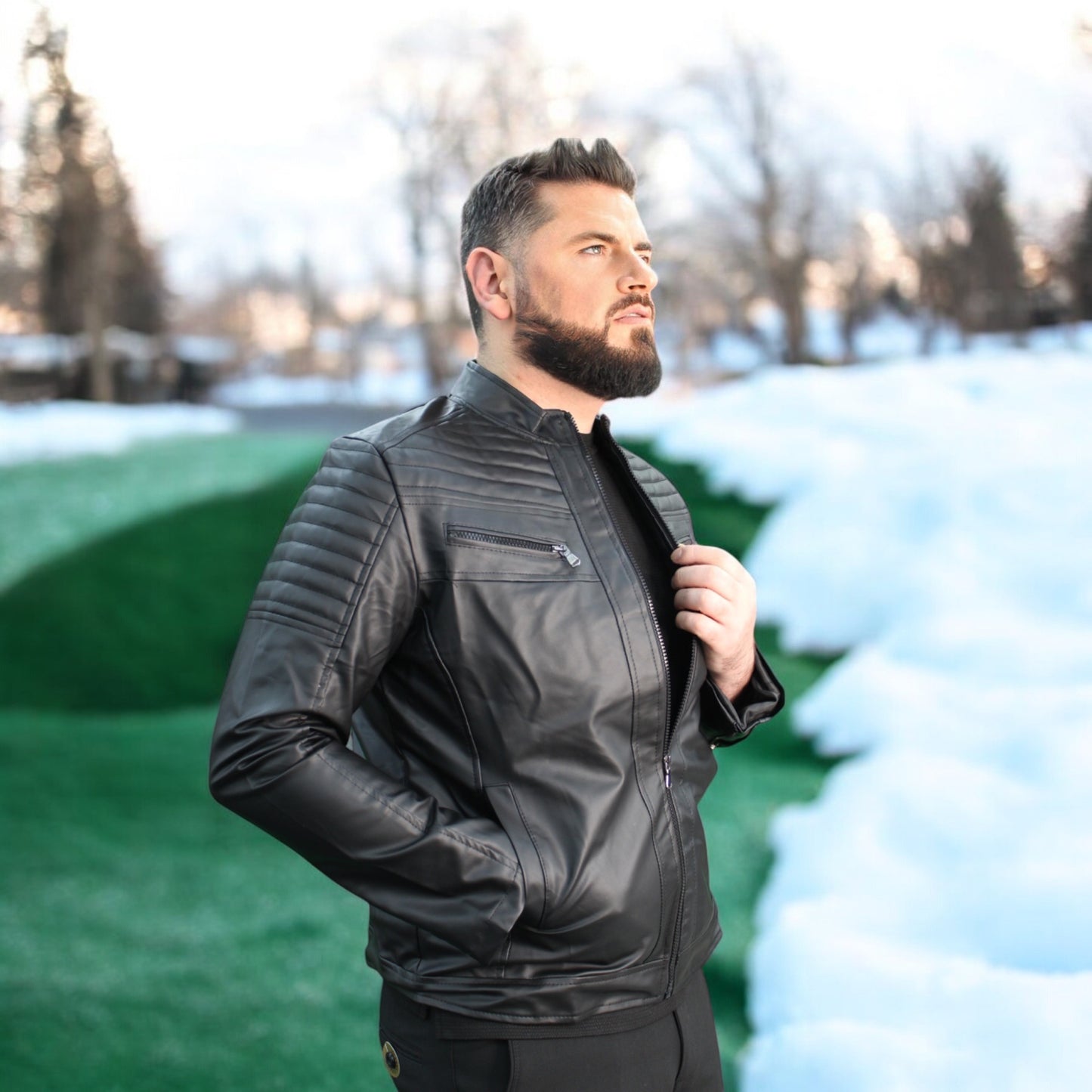 Detailed Shoulders-Upper Pocked-Casual -Black Leather  Winter Jacket