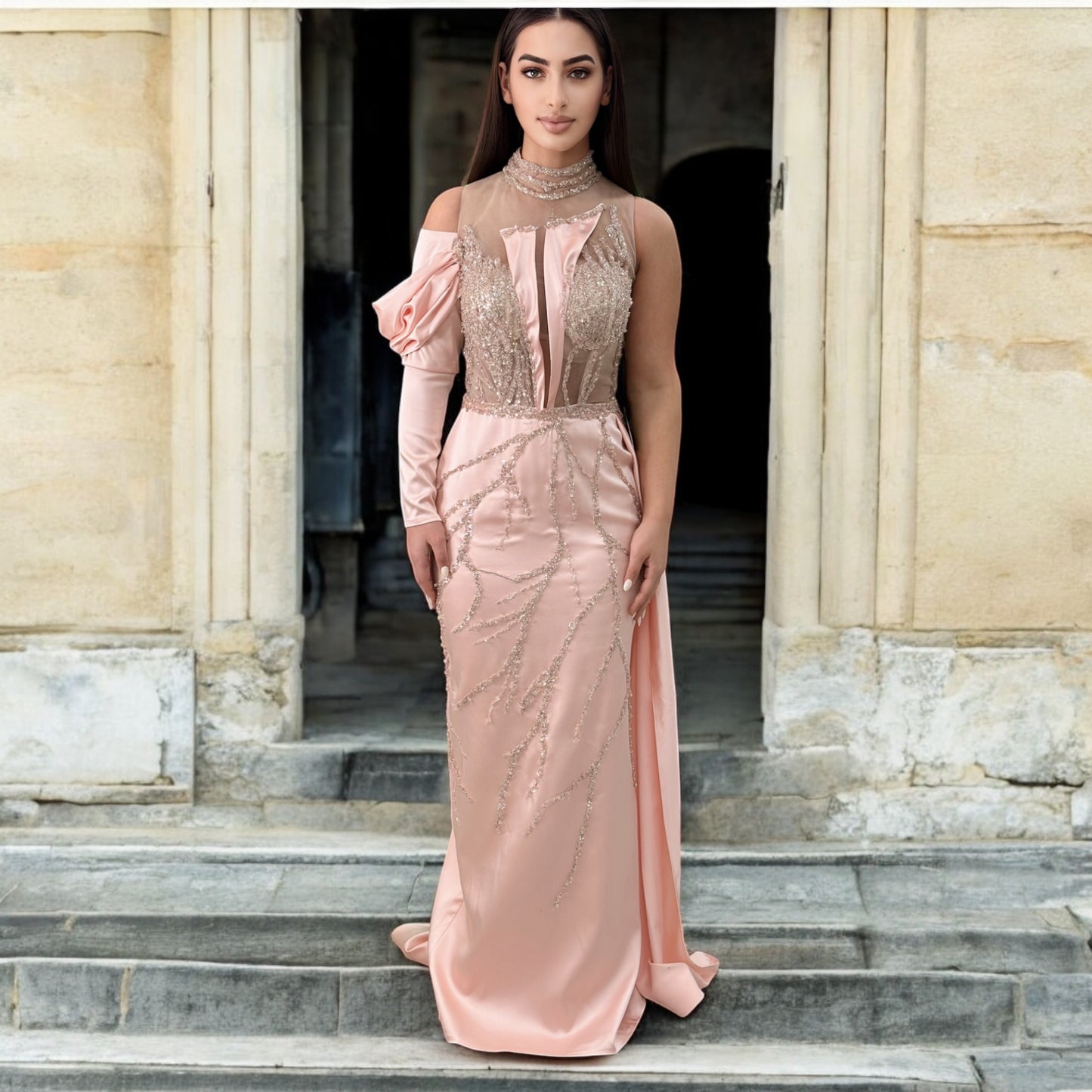 Elegant Blush Pink  Long Dress-Detailed with Beautiful Crystals and Sequins
