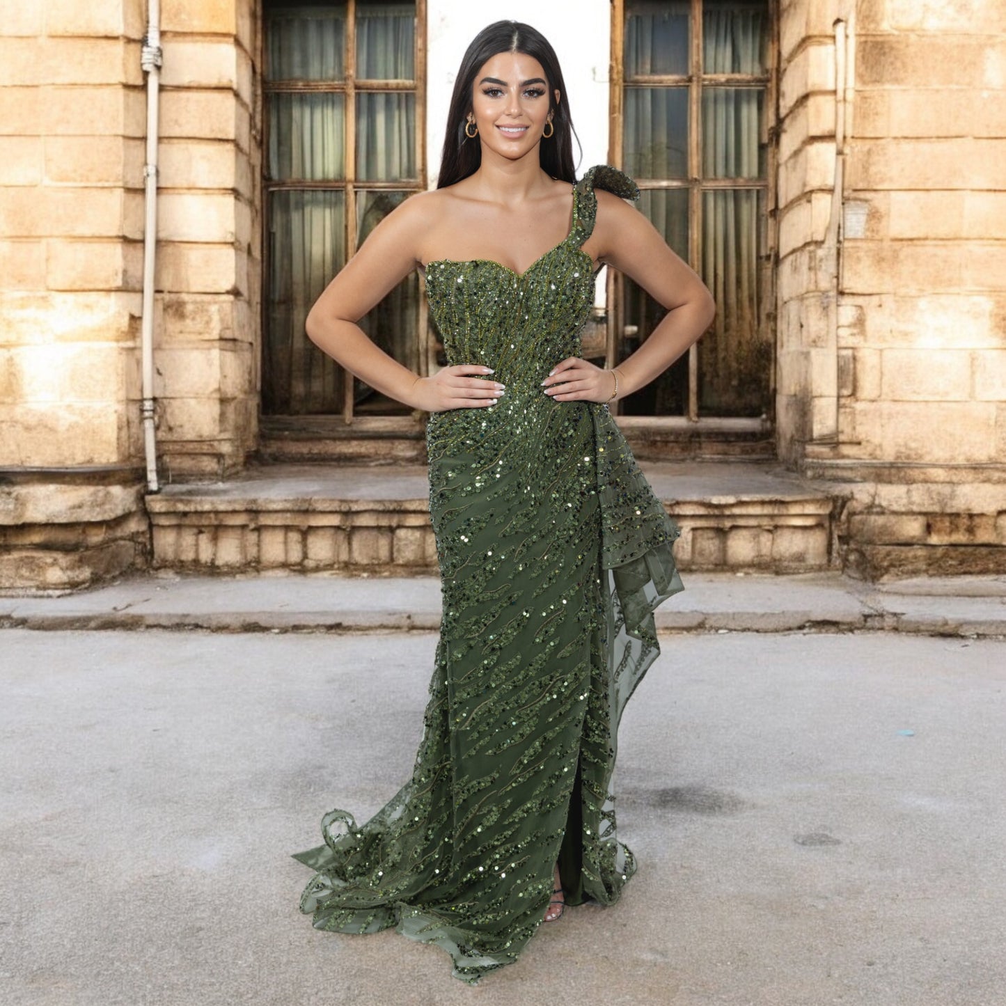 Army Green Sequenced Dress with one shoulder and Side Tail on a Knee high Slit