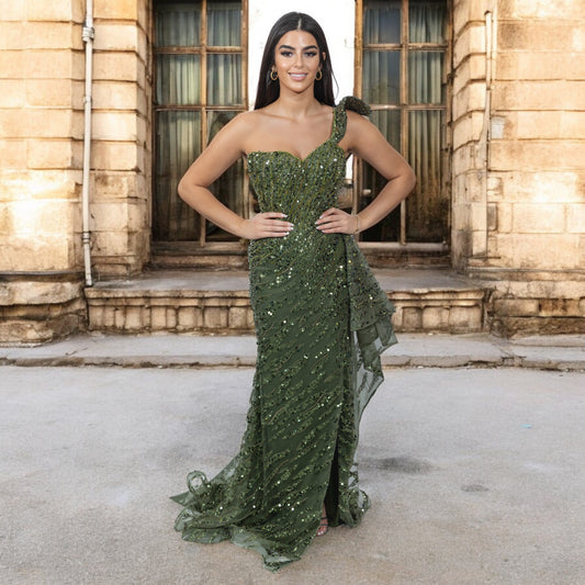 Army Green Sequenced Dress with one shoulder and Side Tail on a Knee high Slit