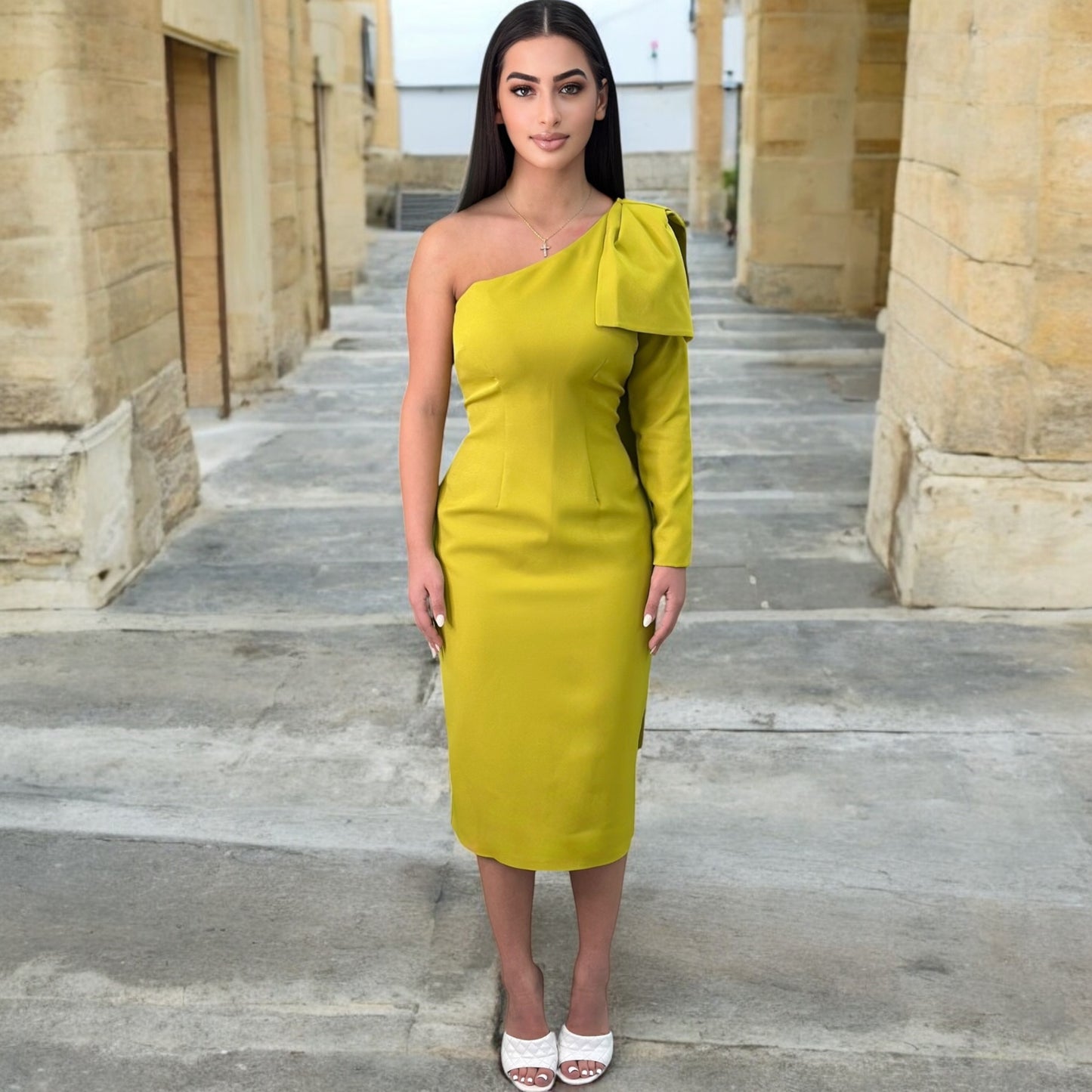 Sexy Midi Green Dress- Detailed with Beautiful One Shoulder Fabric